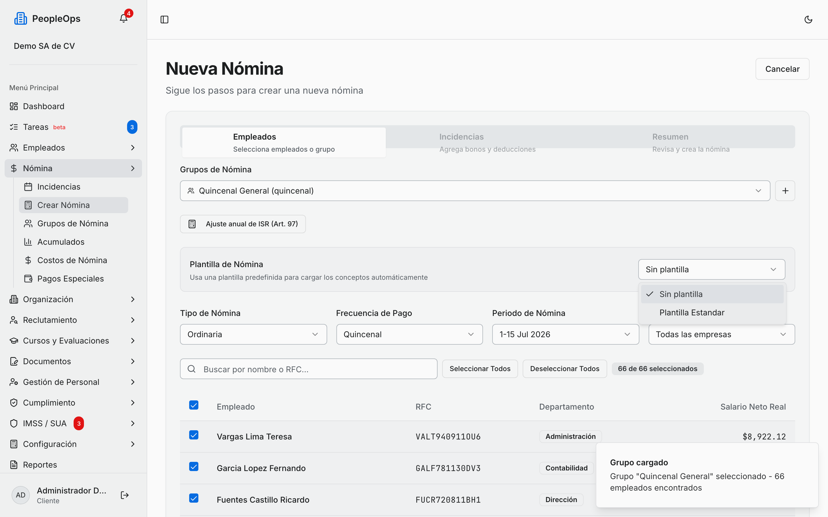 Plantillas de nómina disponibles