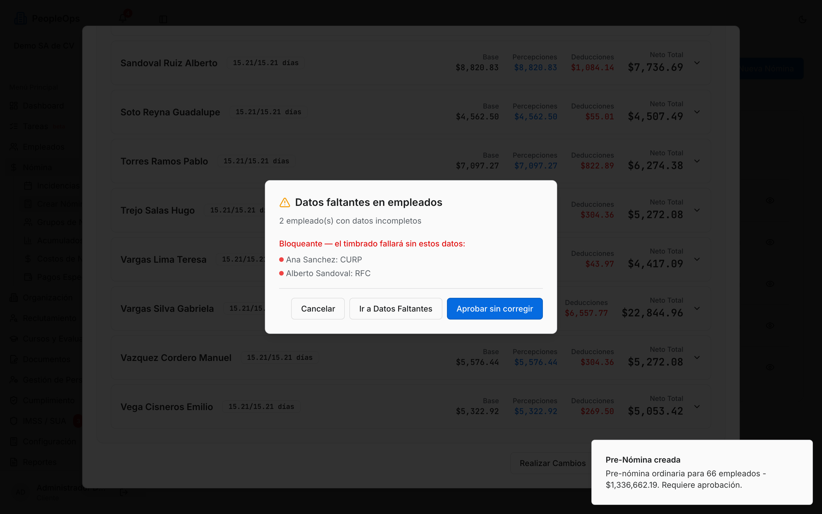 Aviso de datos faltantes antes de aprobar