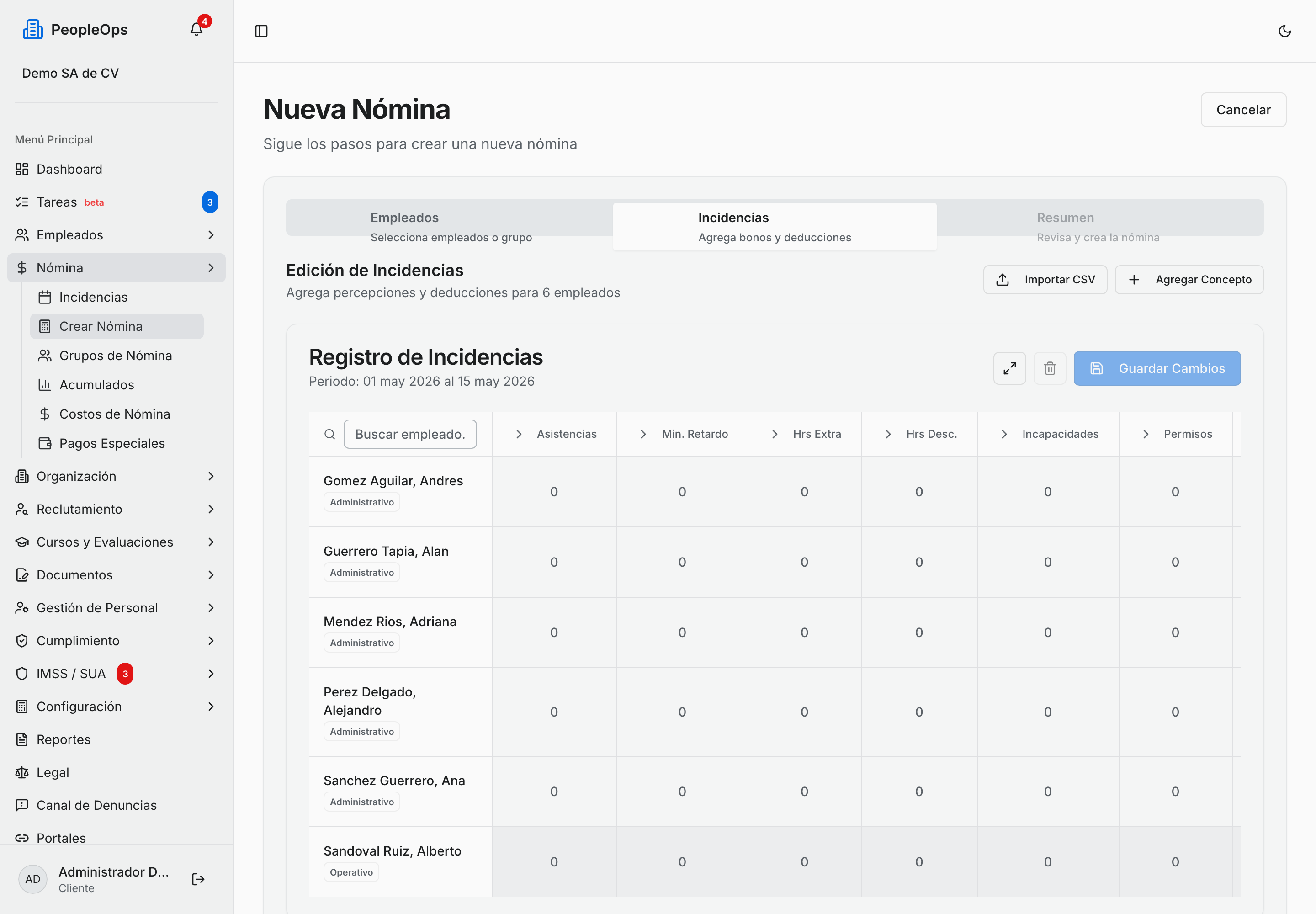Cuadrícula Registro de Incidencias con las columnas colapsadas y el total del periodo en cada una