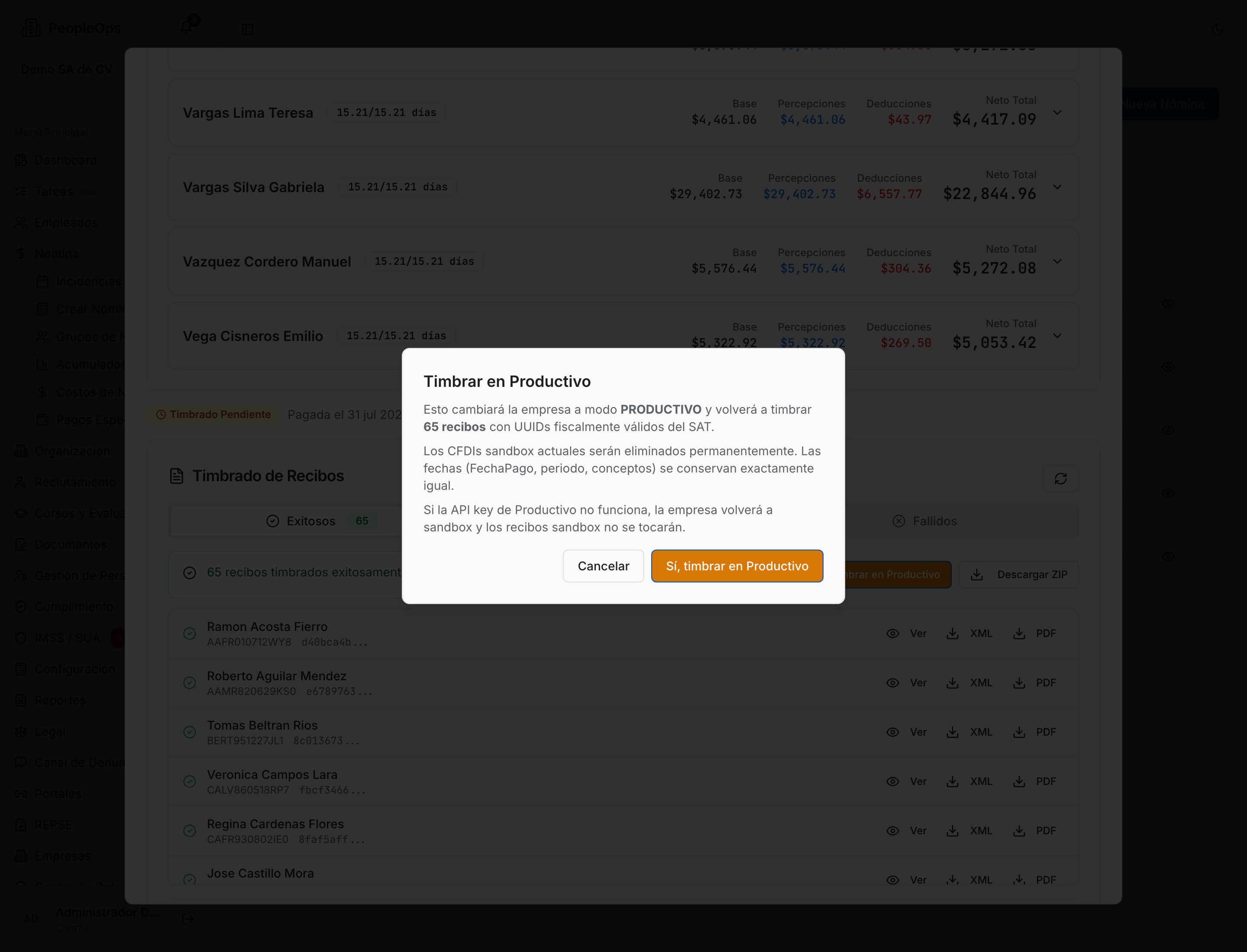 Confirmación de Timbrar en Productivo, con el aviso de que los CFDIs sandbox se borran