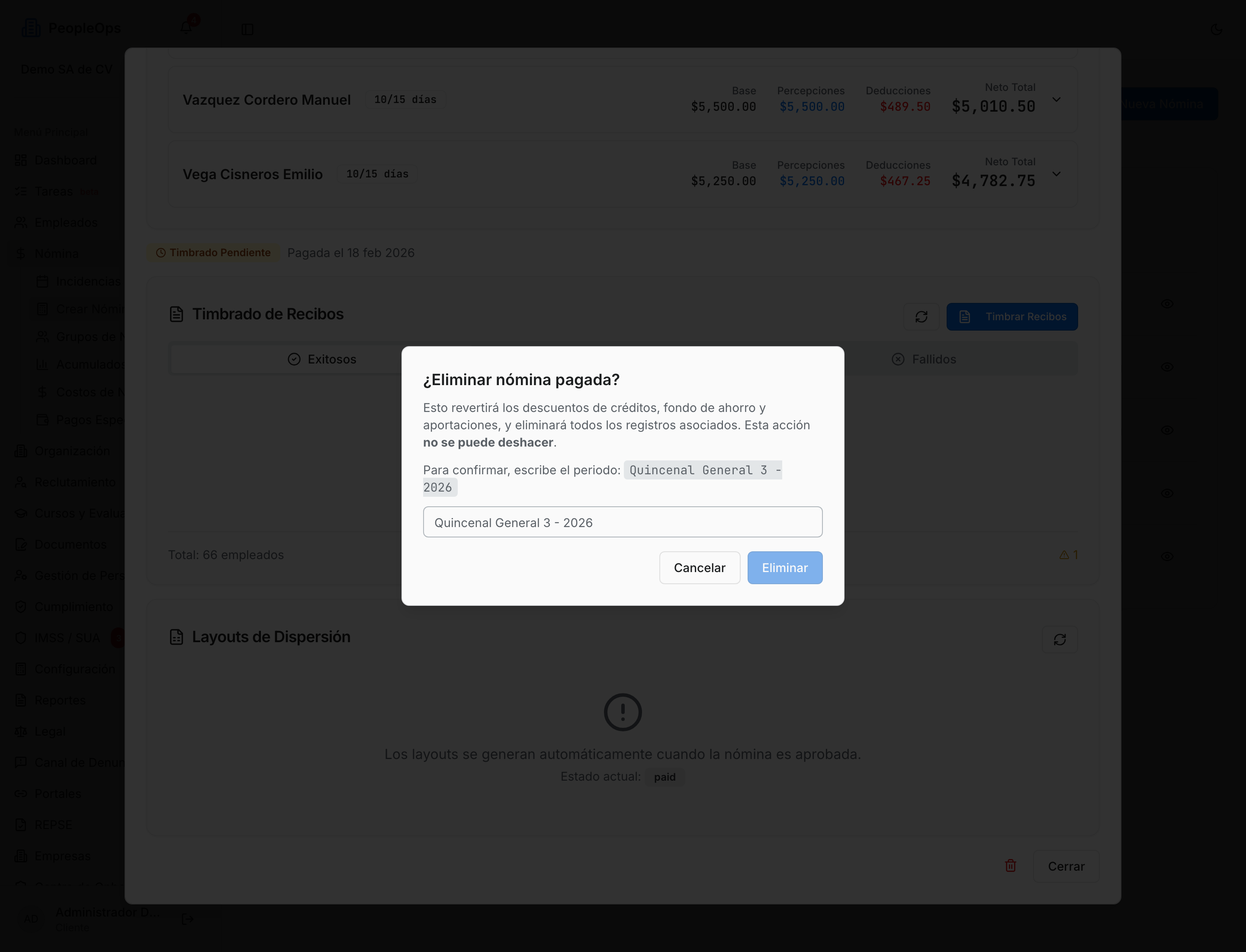 Confirmación para borrar una nómina pagada, escribiendo el nombre del periodo
