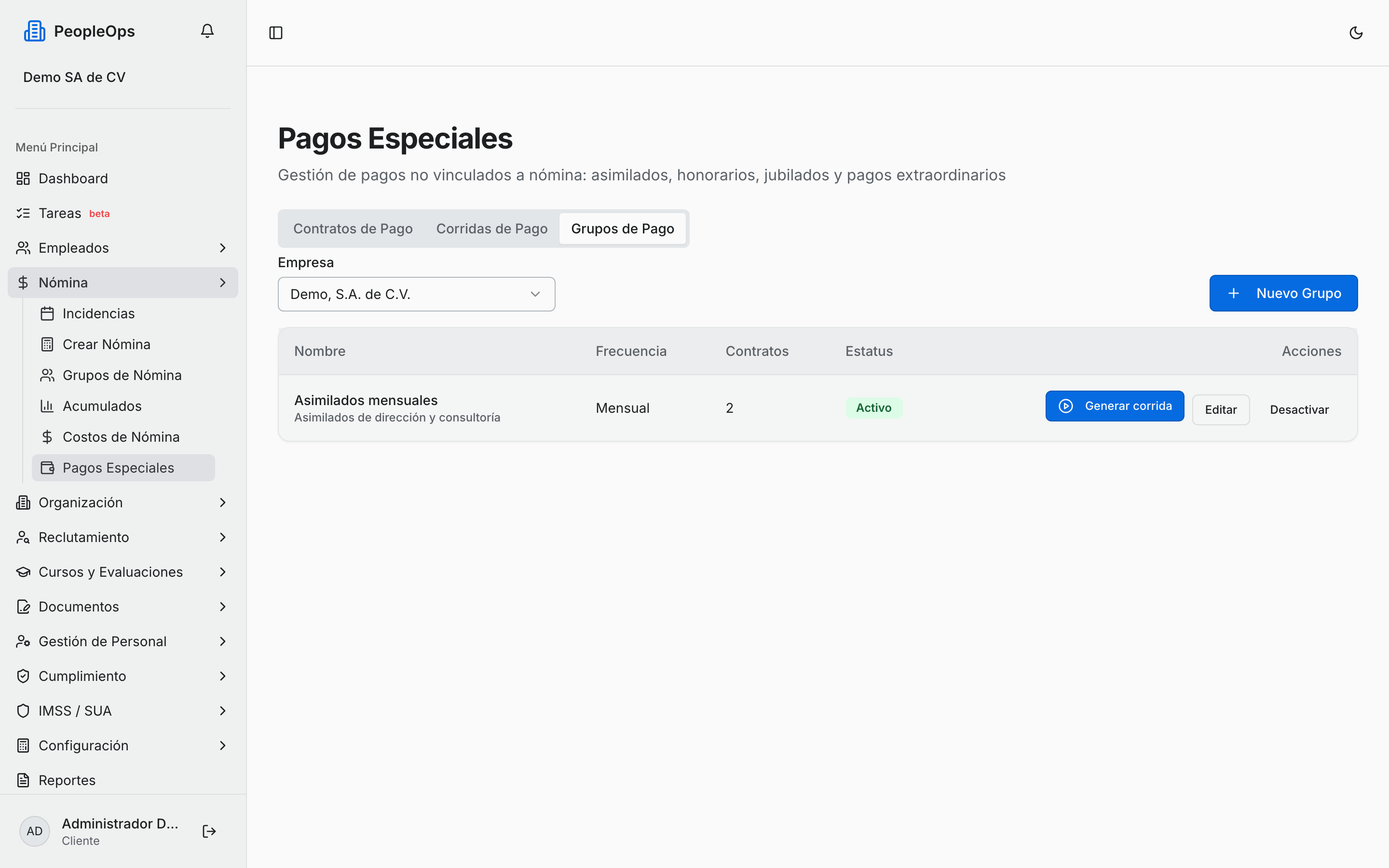 Listado de grupos de pago con su frecuencia y número de contratos