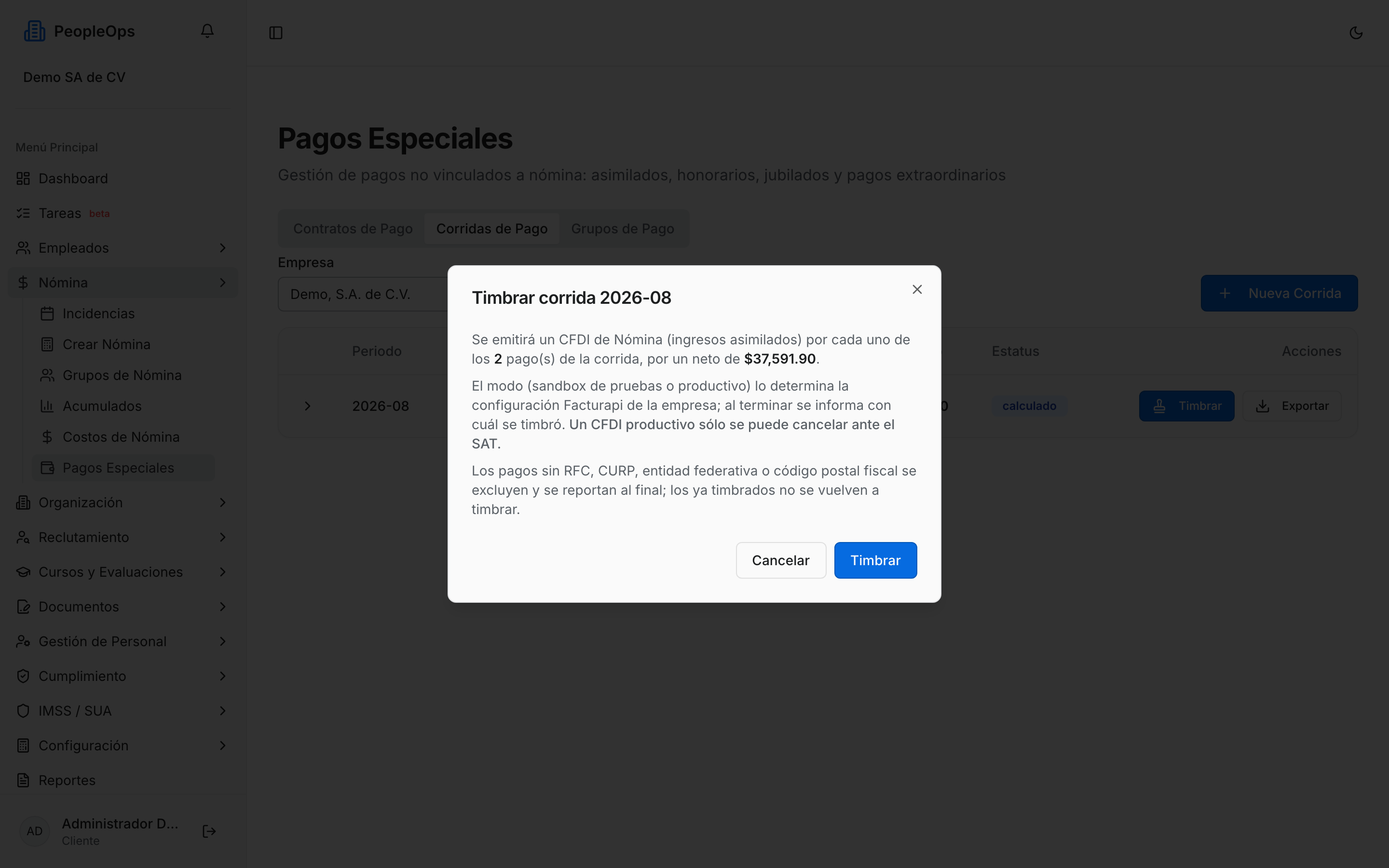 Diálogo Timbrar corrida con el número de pagos y el neto total