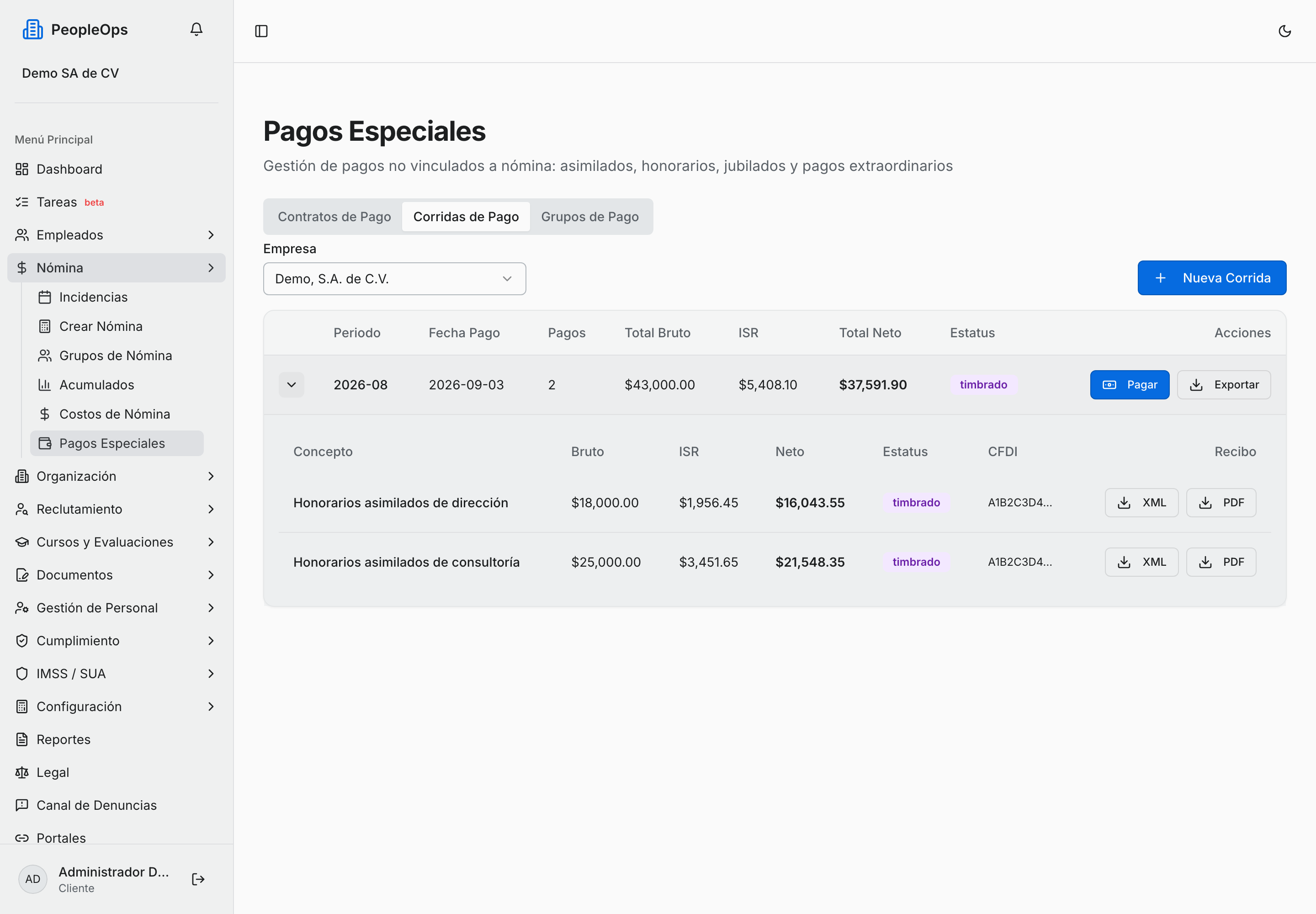 Corrida timbrada, con los botones de descarga XML y PDF por pago