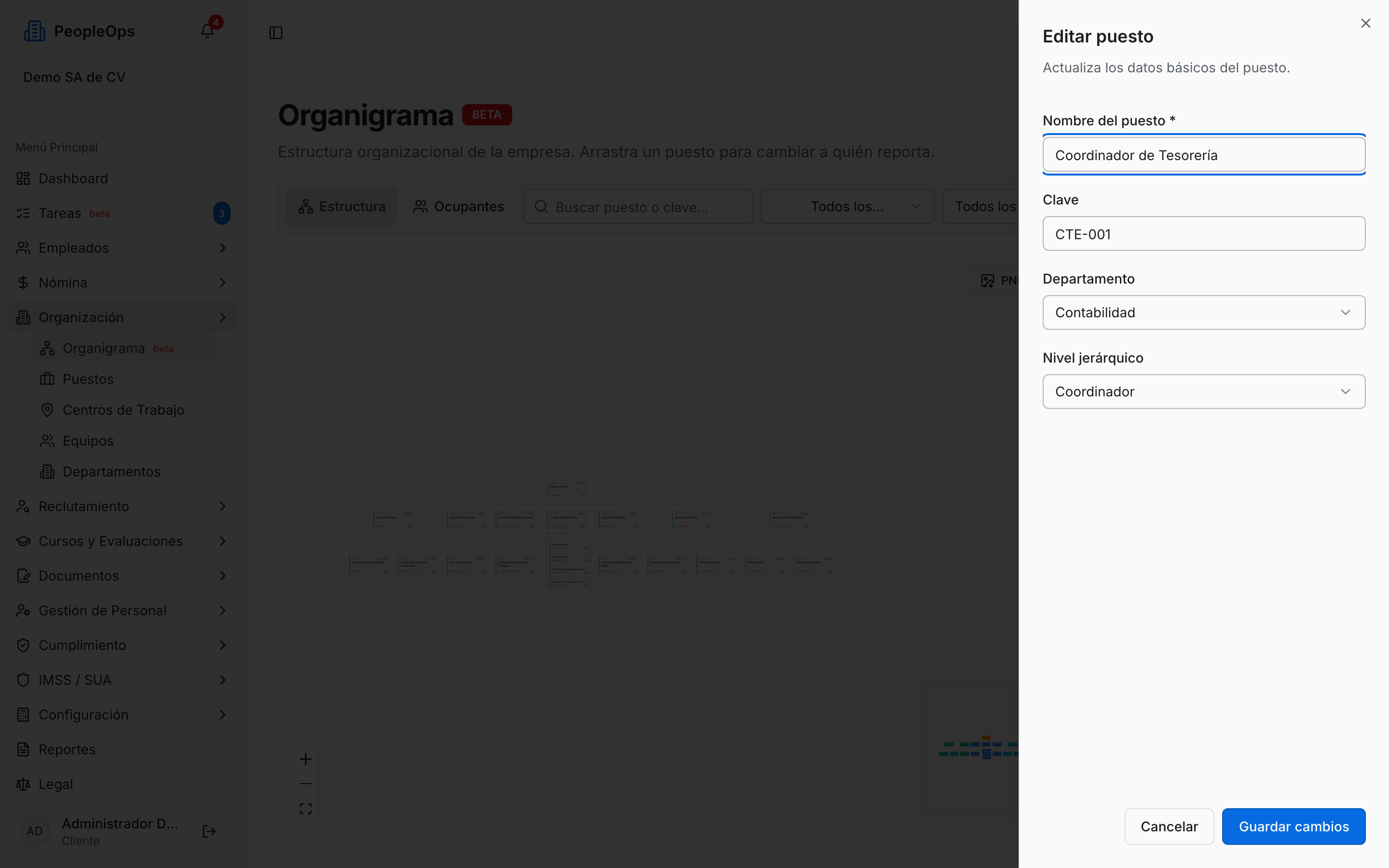 Panel rápido para editar un puesto desde el organigrama