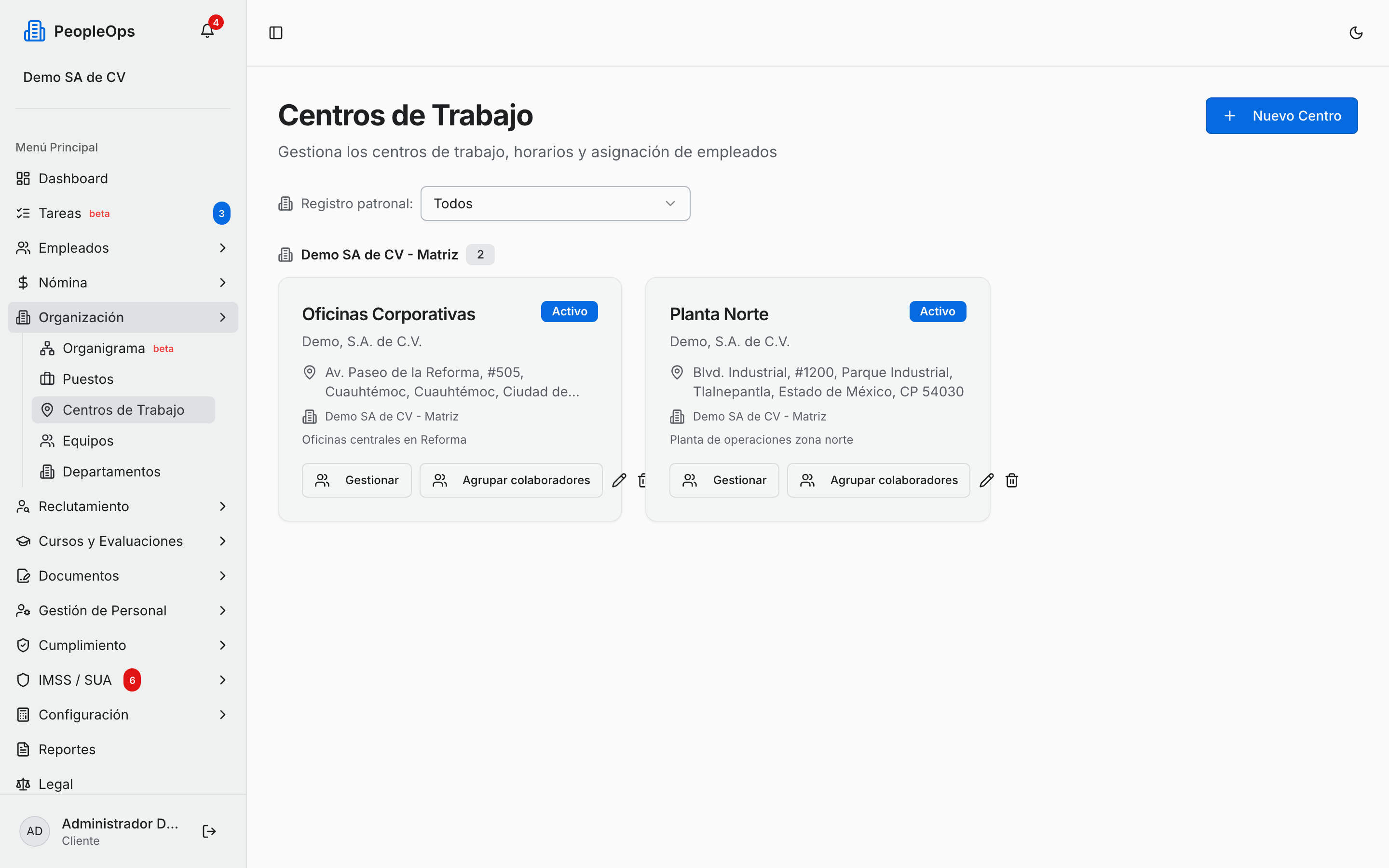 Los centros de trabajo agrupados por registro patronal