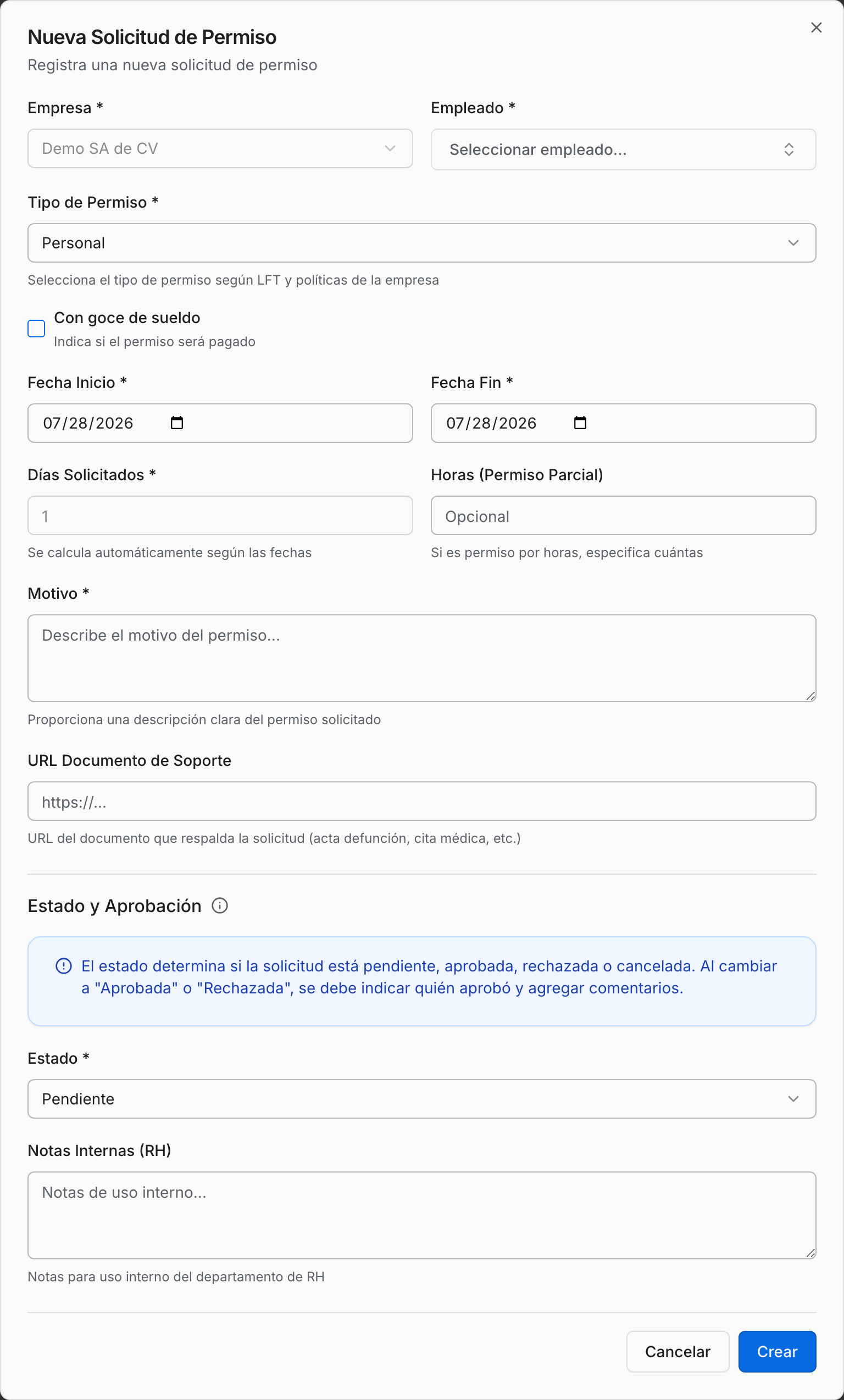Formulario de permiso vacío