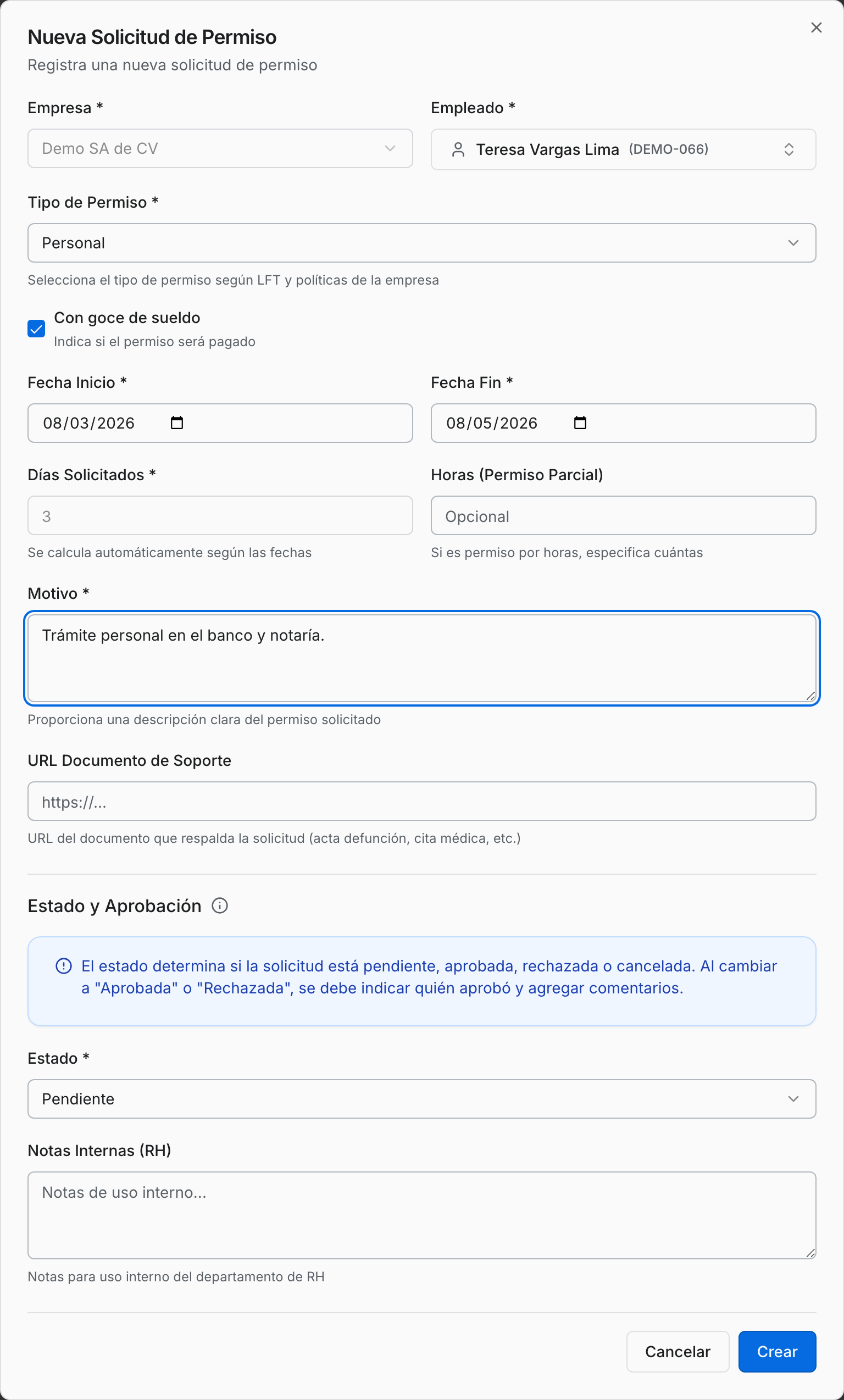 Formulario de permiso lleno antes de guardar