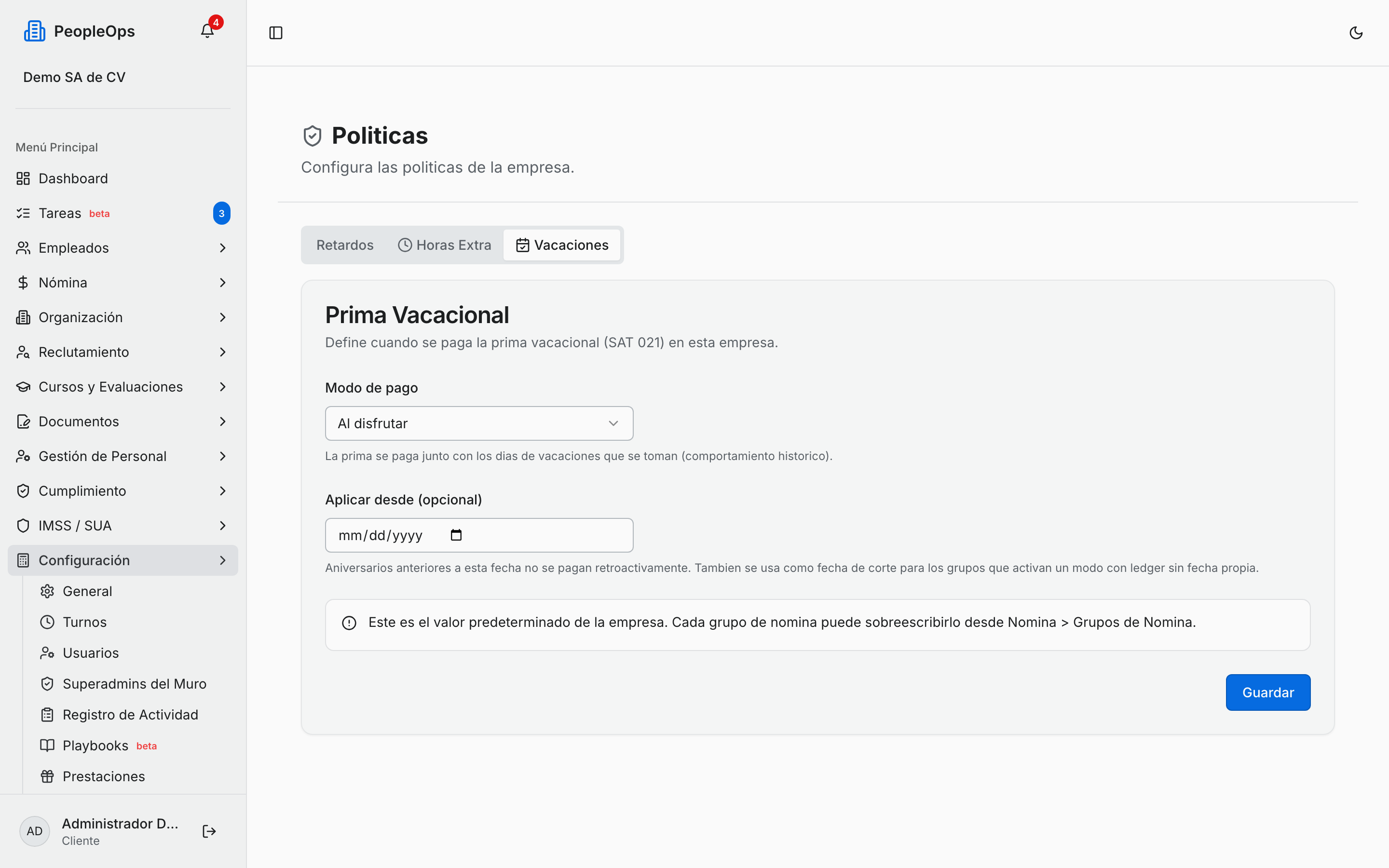 Política de prima vacacional en Configuración → Políticas → Vacaciones