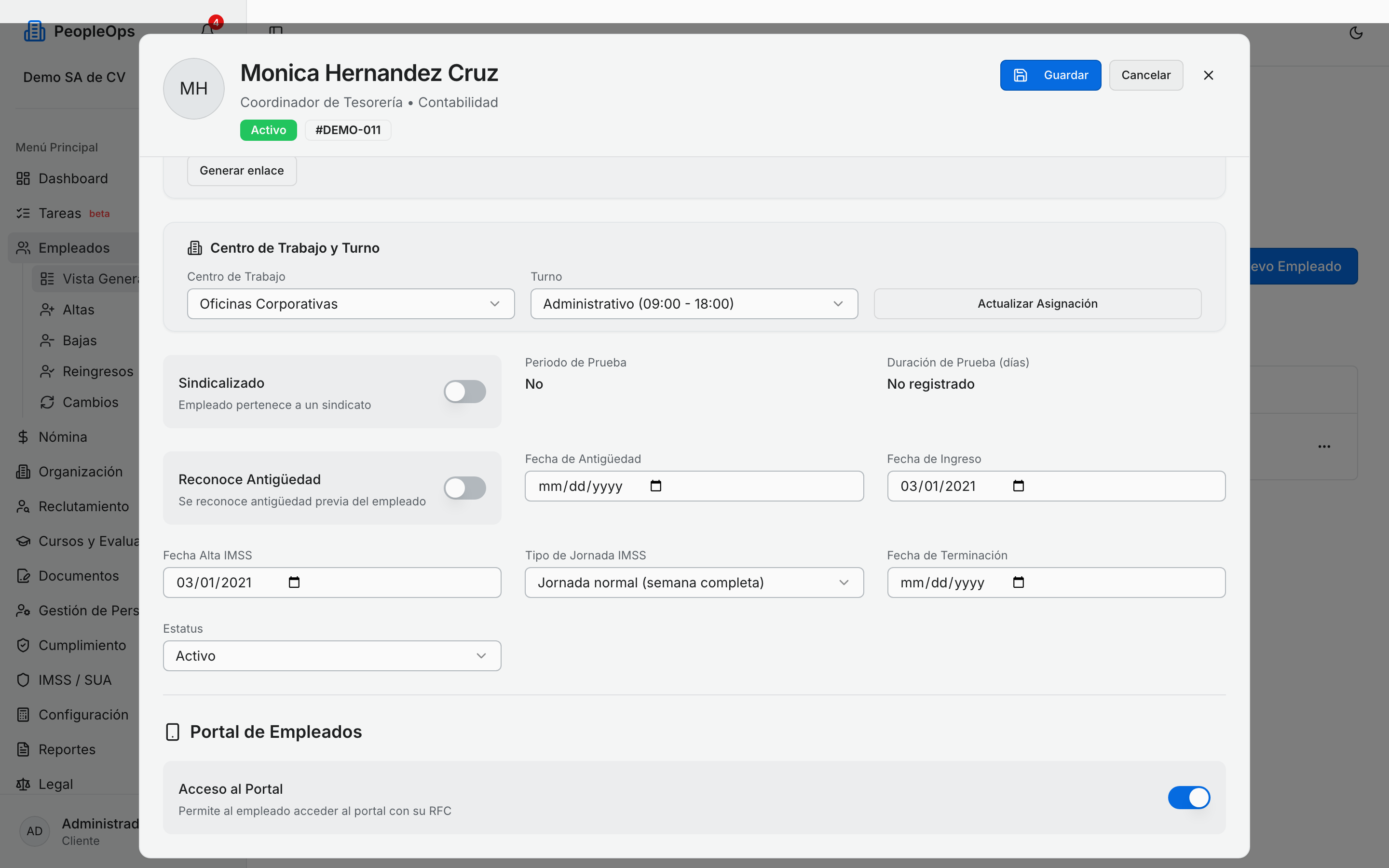 El interruptor Acceso al Portal dentro de la ficha del empleado