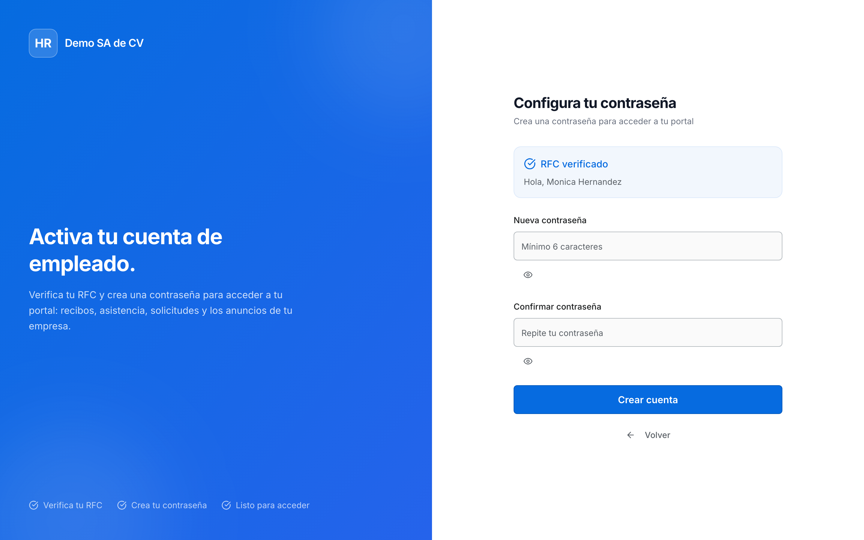 Pantalla donde el empleado crea su propia contraseña