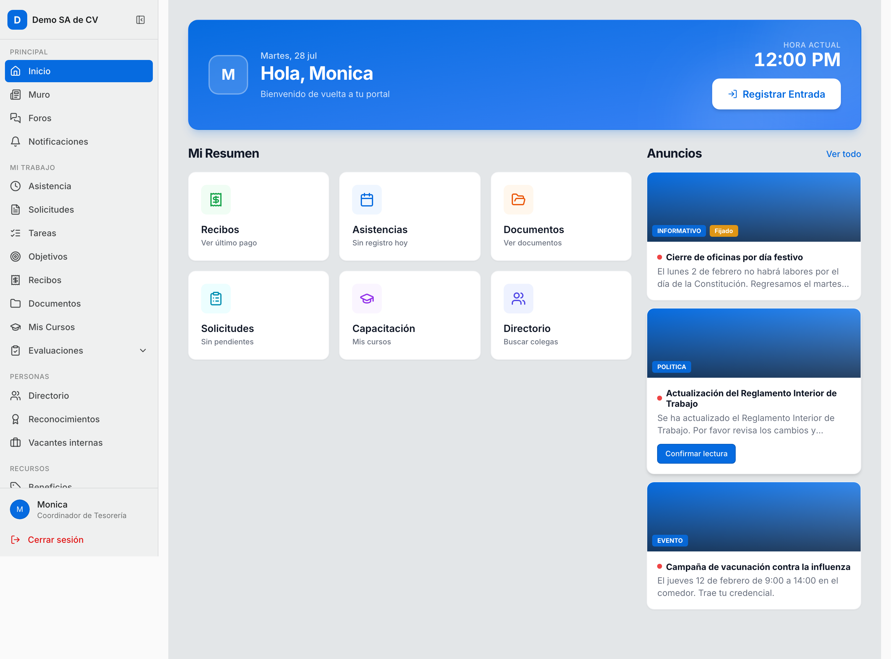 Pantalla de inicio del portal, con el menú completo