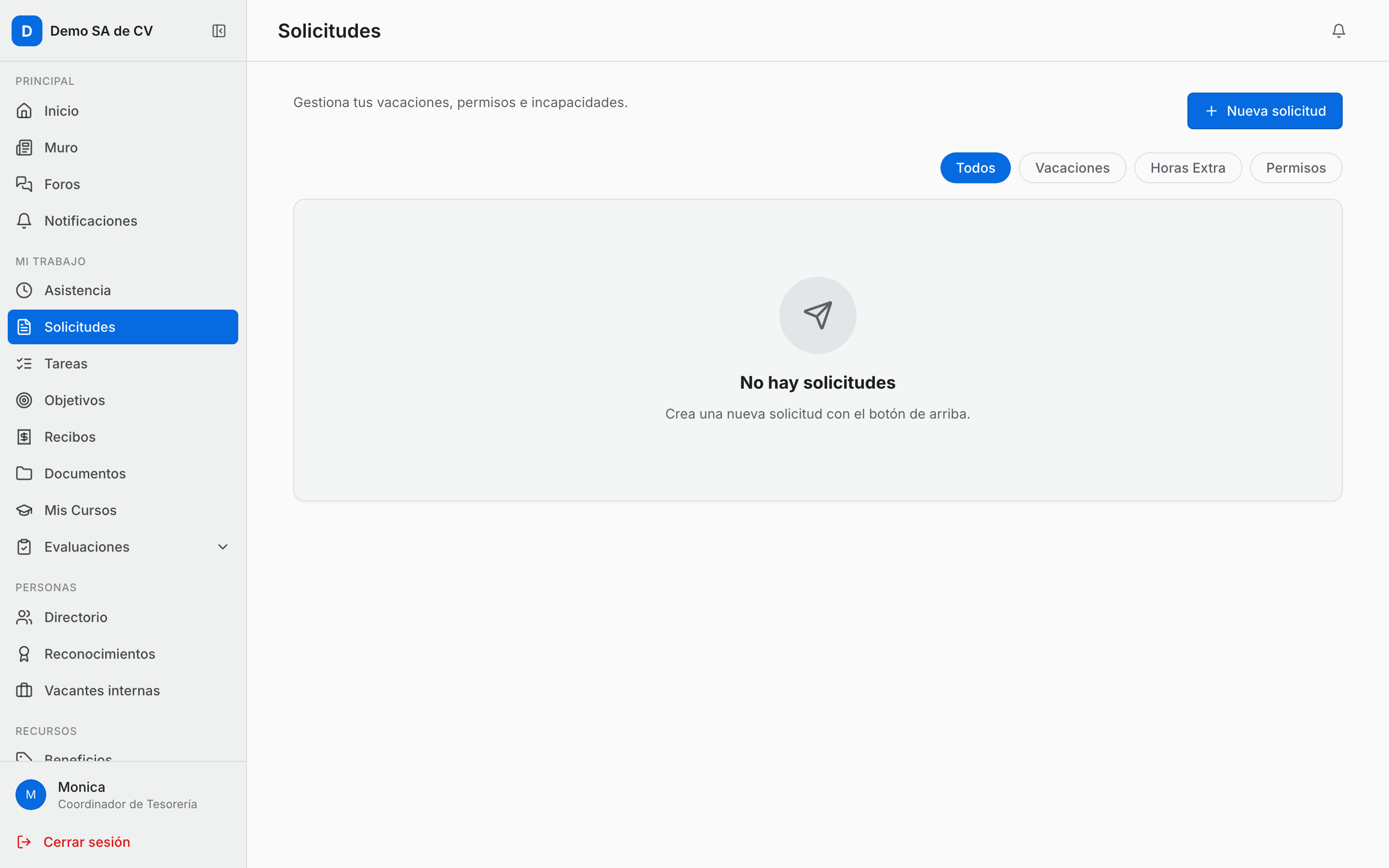Sección Solicitudes del portal del empleado, sin solicitudes todavía