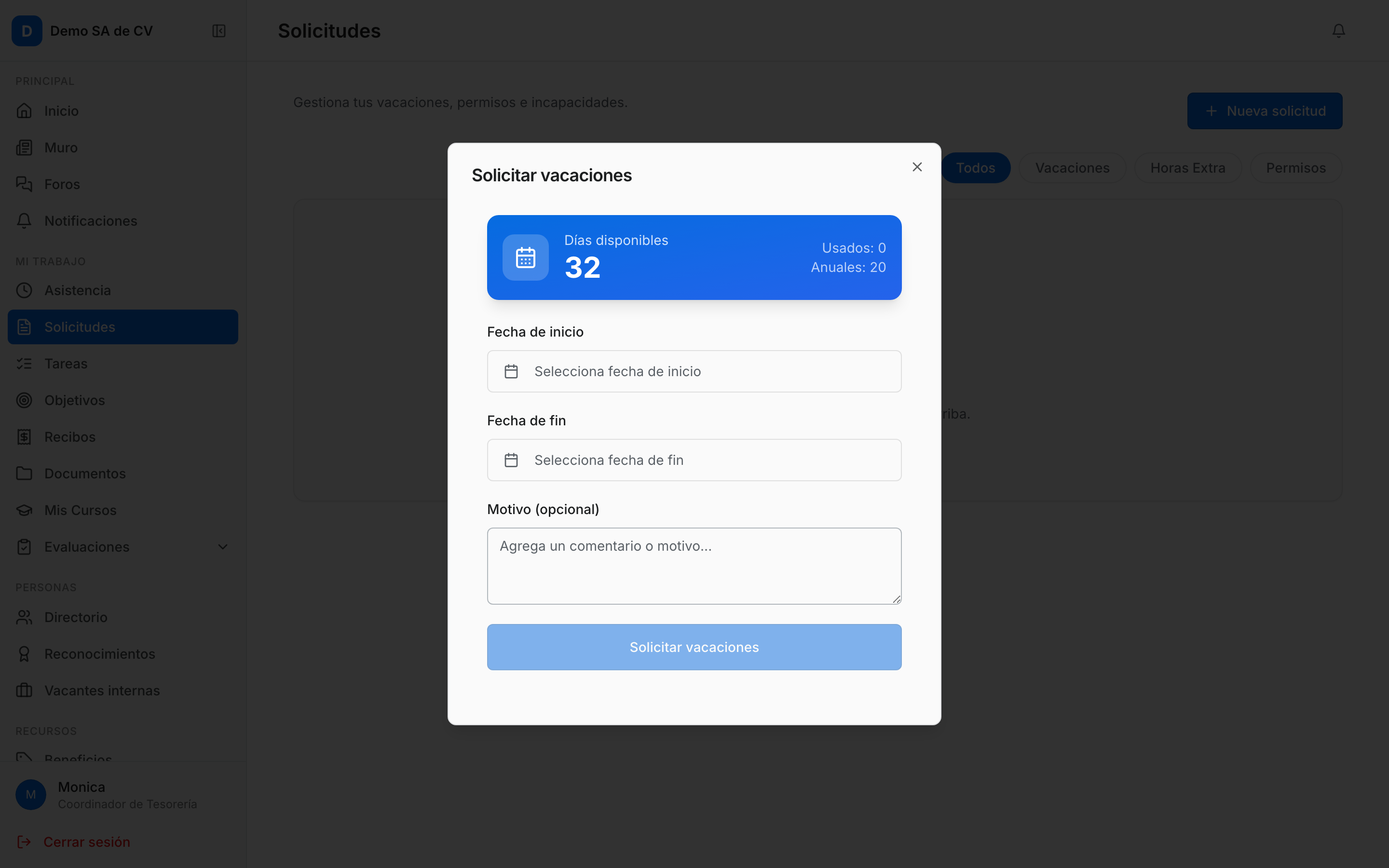 Formulario de solicitud de vacaciones desde el portal