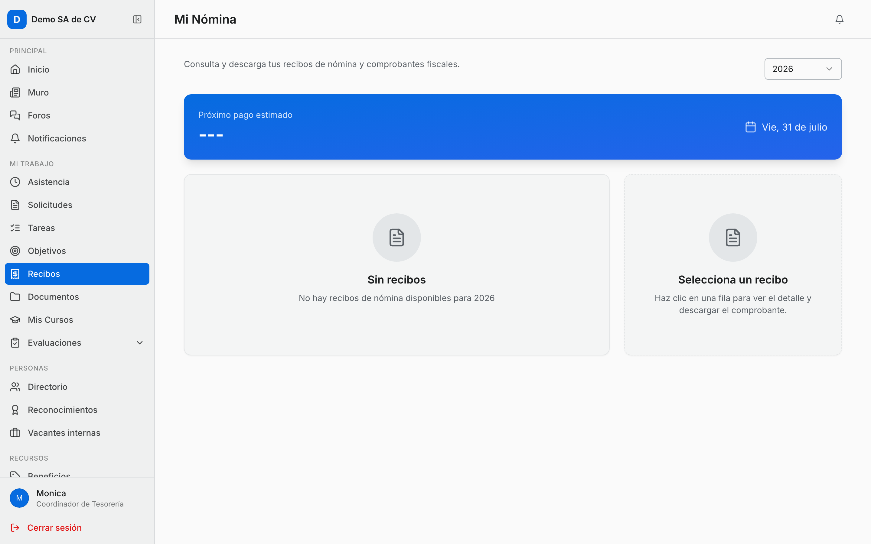 Mi Nómina en el portal, con la lista de recibos vacía en lo que se timbra el primer periodo