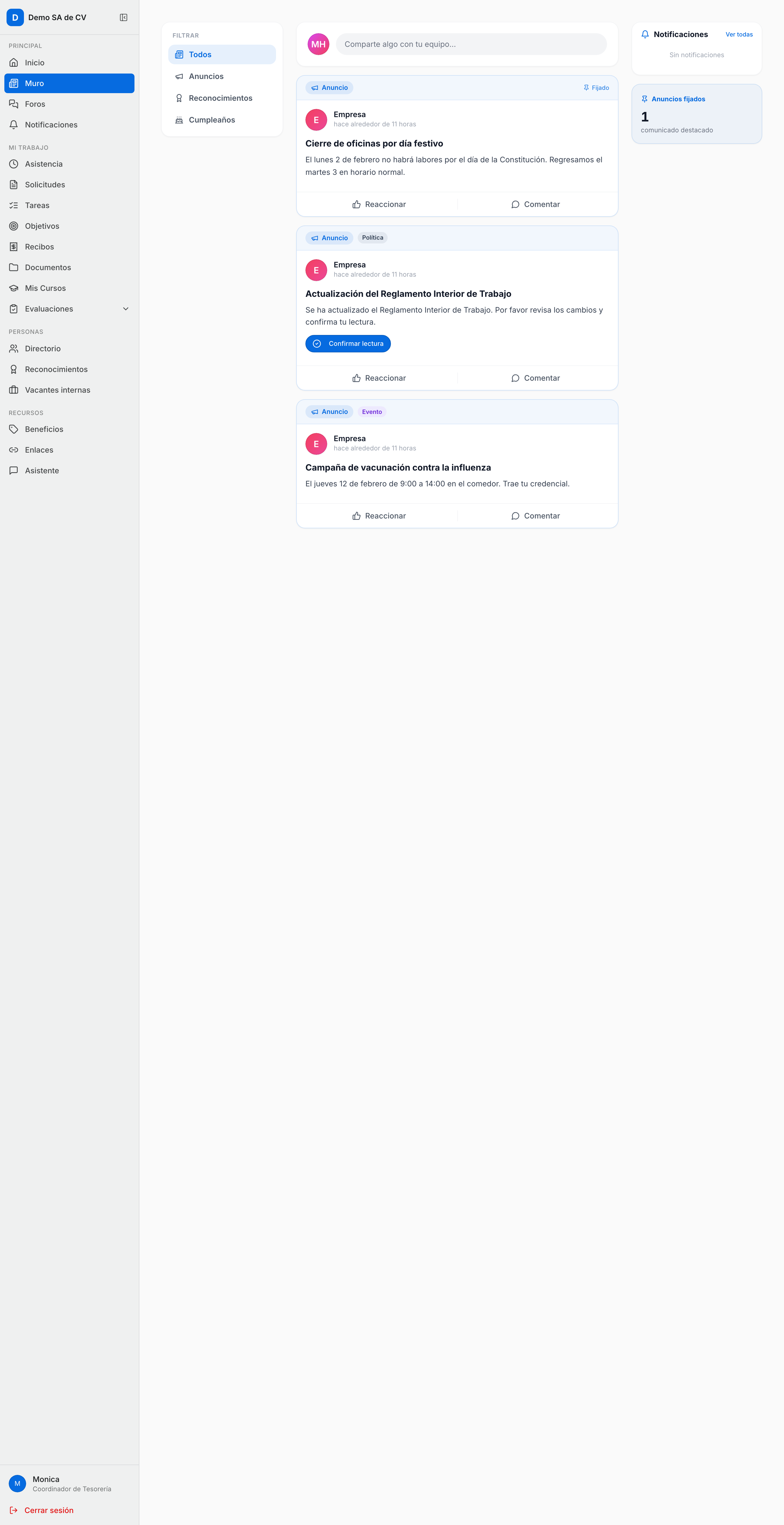 Muro del portal con los anuncios de la empresa