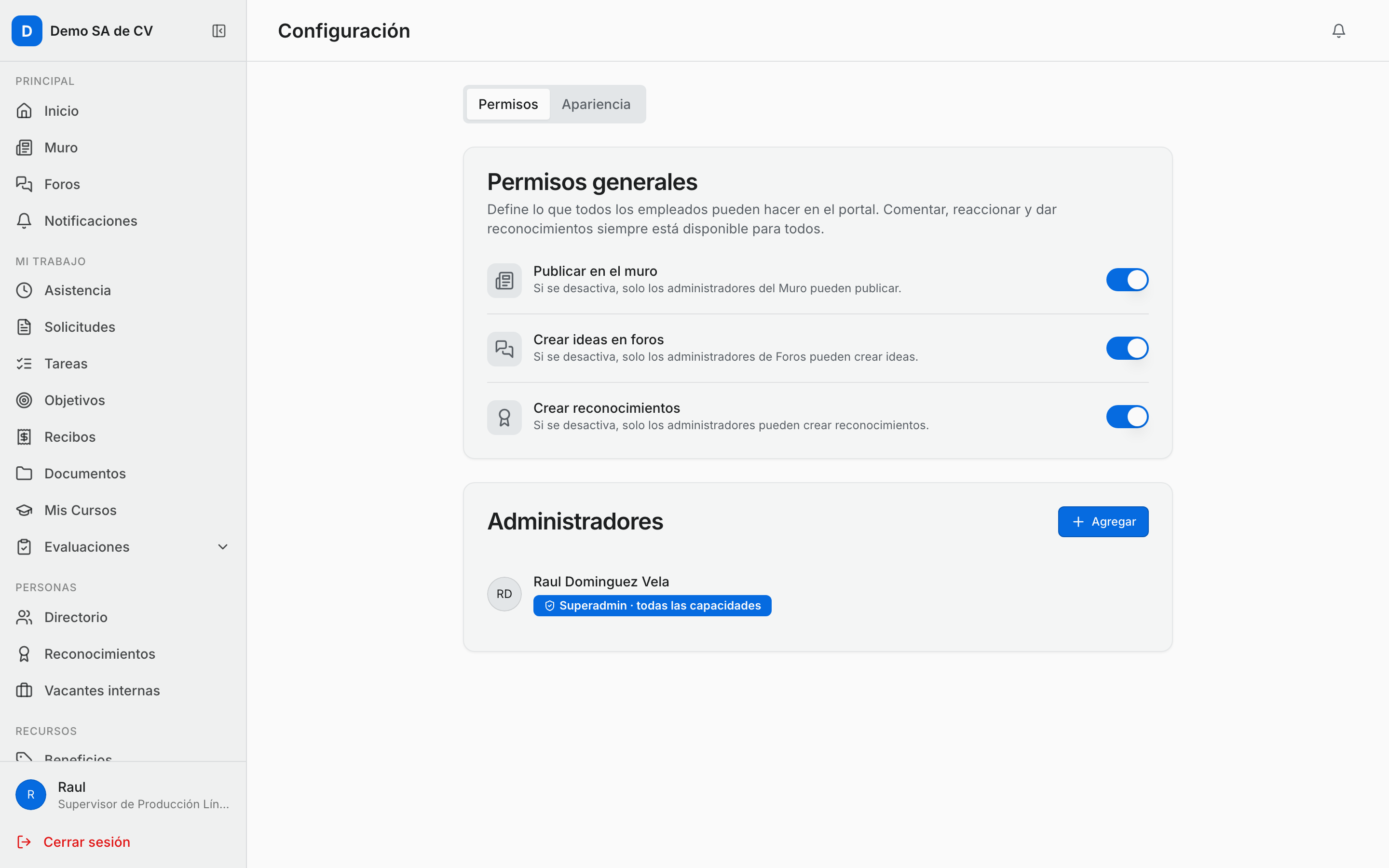 Los tres interruptores de permisos generales del portal