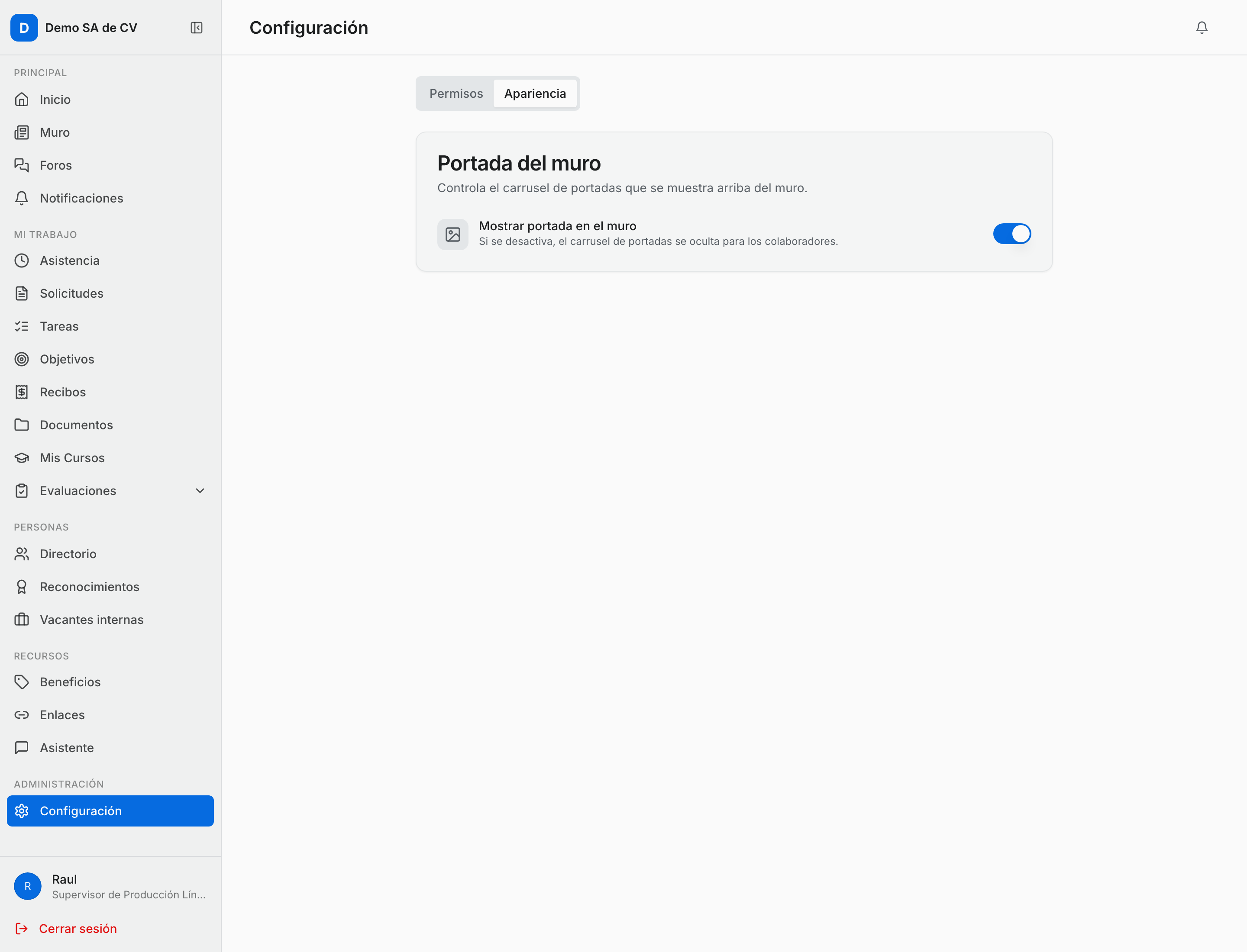 Pestaña Apariencia de la configuración del portal, con la tarjeta Portada del muro y el interruptor Mostrar portada en el muro