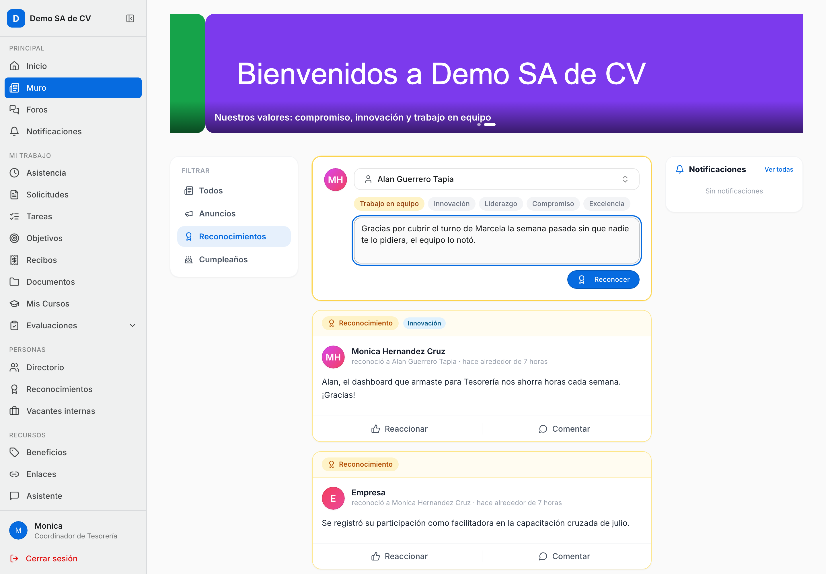 Composer de reconocimiento abierto en el muro: el selector ¿A quién reconoces?, las cinco categorías en píldoras con Trabajo en equipo seleccionada, el campo de mensaje y el botón Reconocer