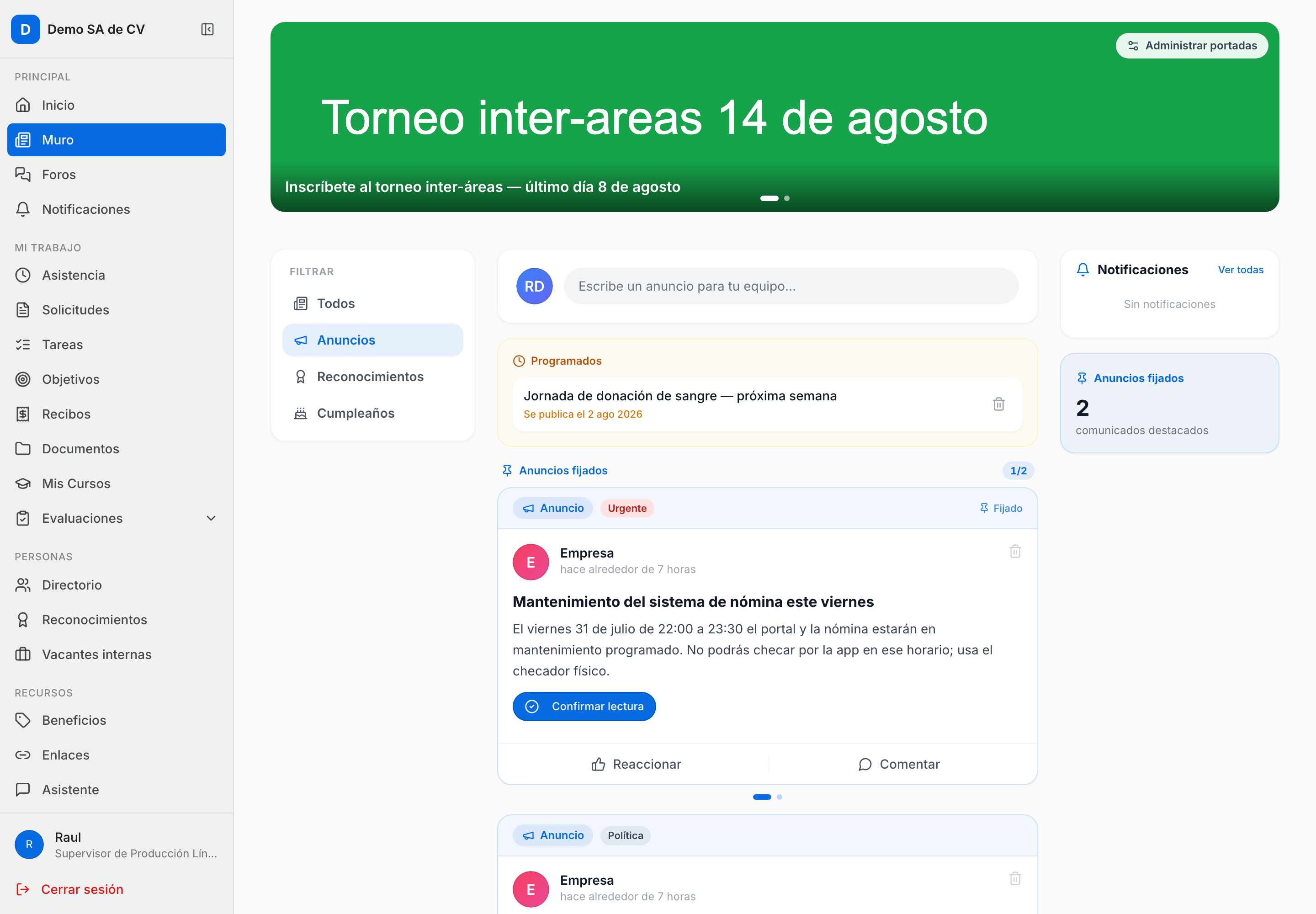 Los cuatro filtros del muro (Todos, Anuncios, Reconocimientos, Cumpleaños) en el riel izquierdo de la versión de escritorio, con Anuncios seleccionado