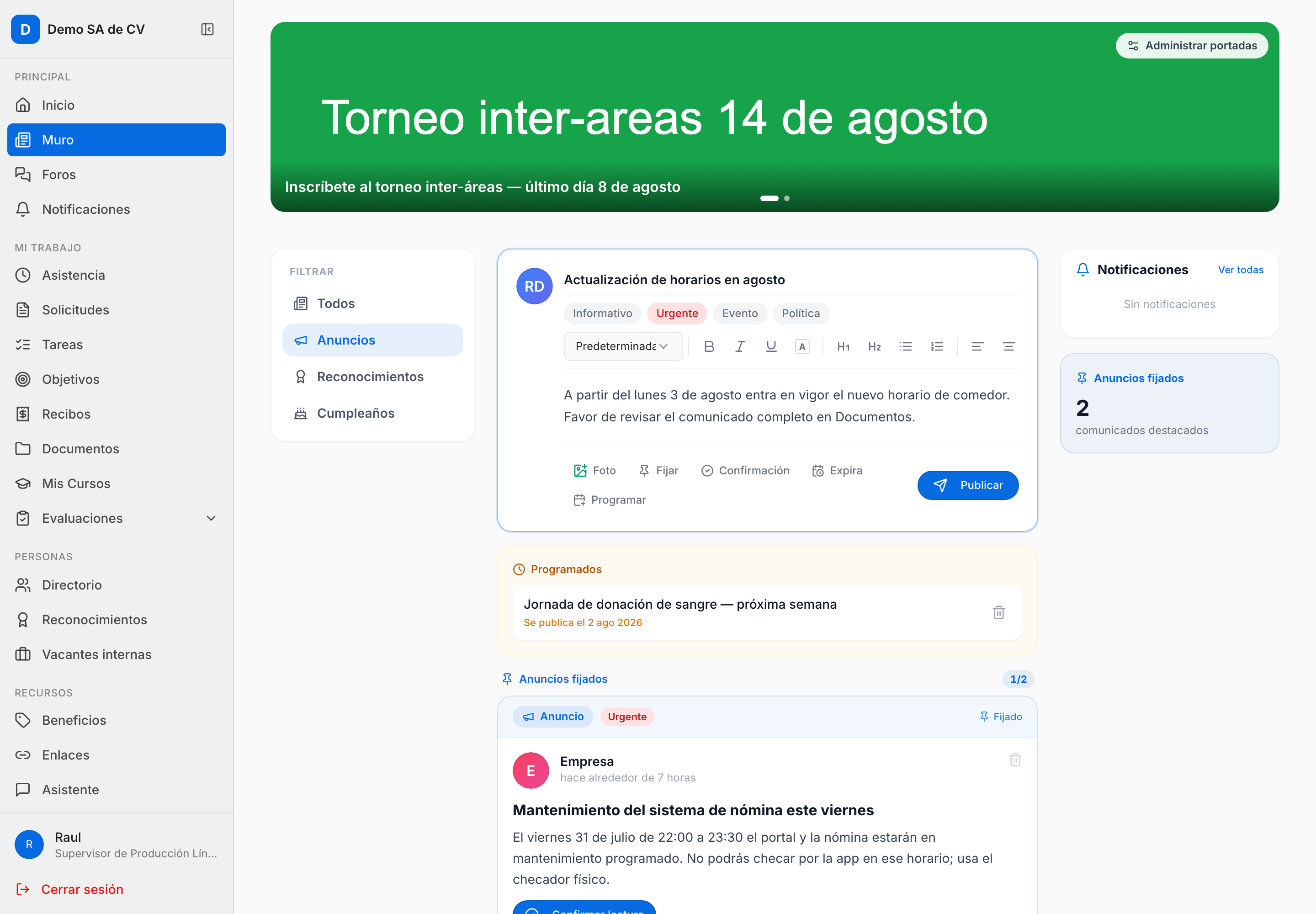 Composer de anuncio expandido en el muro: campo Título del anuncio, las cuatro píldoras de tipo (Informativo, Urgente, Evento, Política), el editor de texto enriquecido y la barra de opciones con Foto, Todos/Mi centro, Fijar, Confirmación, Expira y Programar