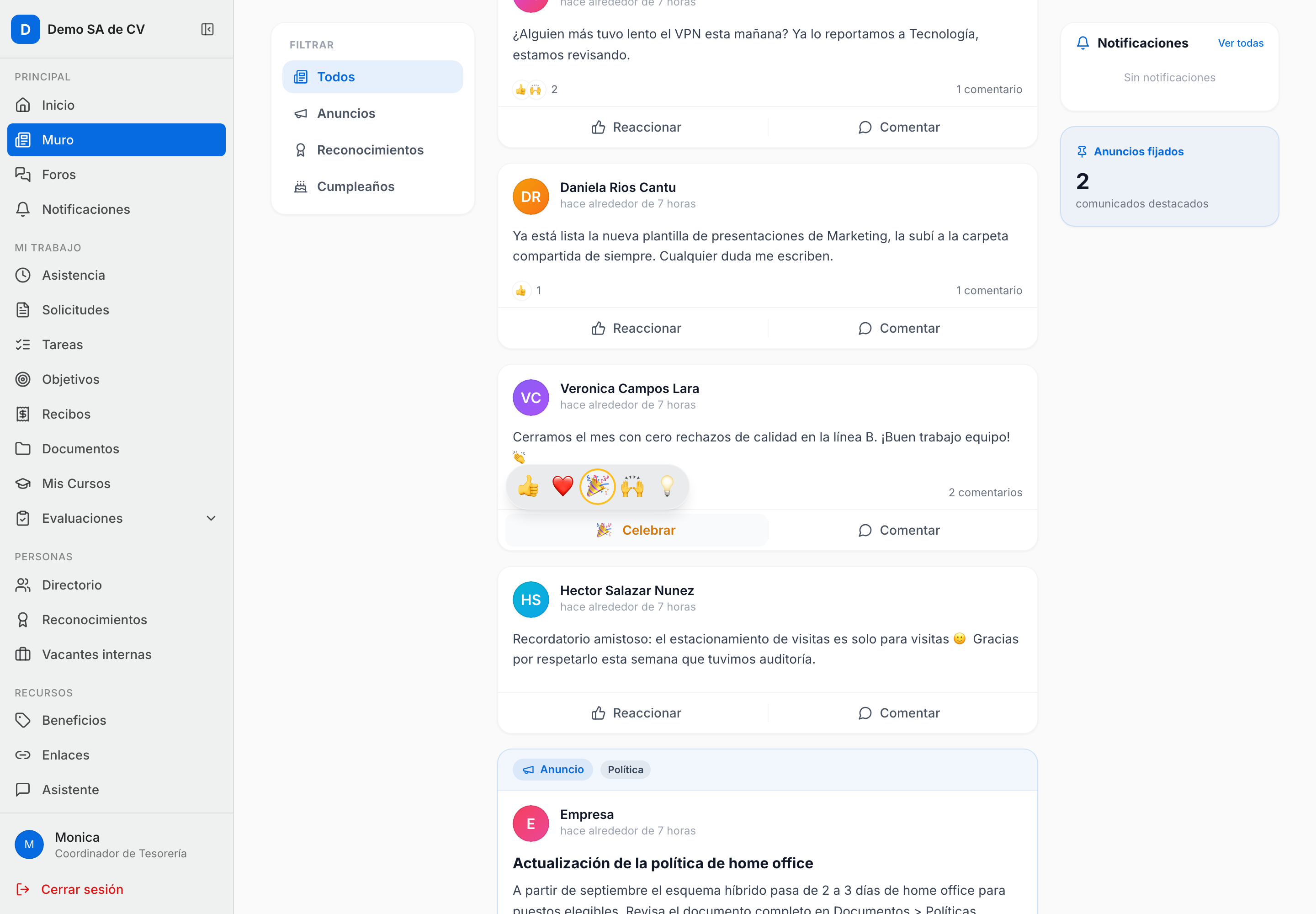 Selector de reacciones abierto sobre una publicación del muro, con los cinco emojis (👍 ❤️ 🎉 🙌 💡) en una tira redonda