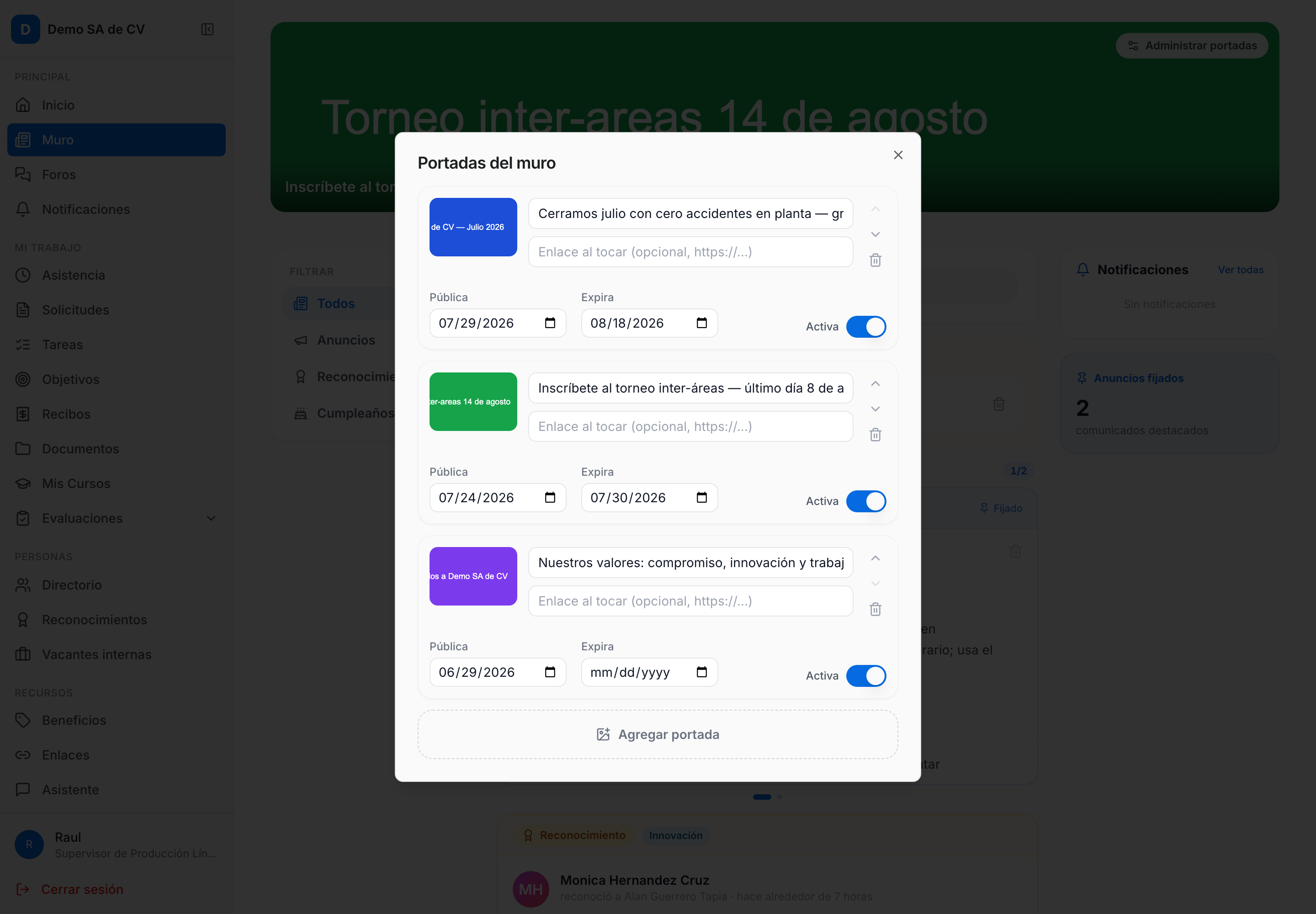 Diálogo Portadas del muro abierto, con dos portadas listadas: miniatura, campos de título y enlace, fechas Pública y Expira, interruptor Activa, flechas de orden y el botón Agregar portada abajo