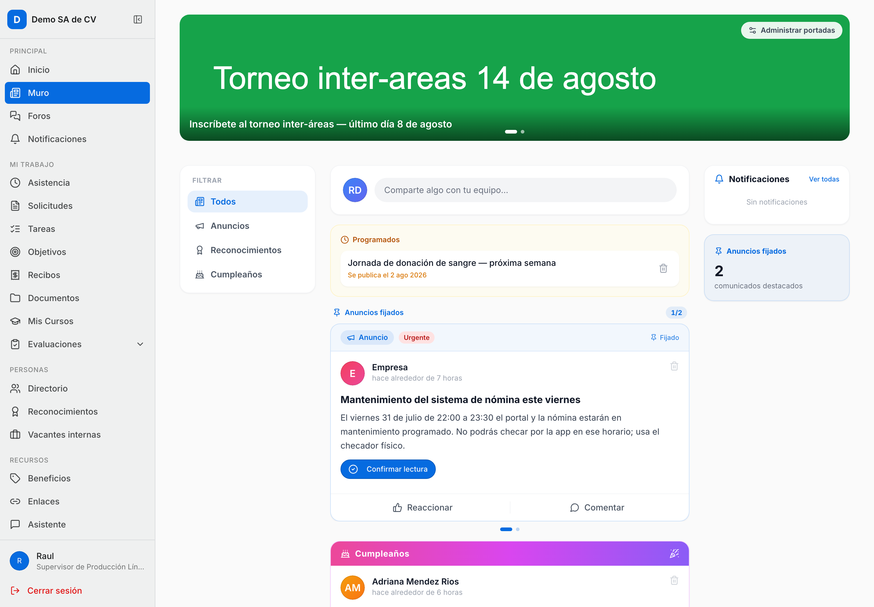 Riel derecho del muro en escritorio: panel Notificaciones con tres avisos, el enlace Ver todas y debajo la tarjeta Anuncios fijados con su conteo