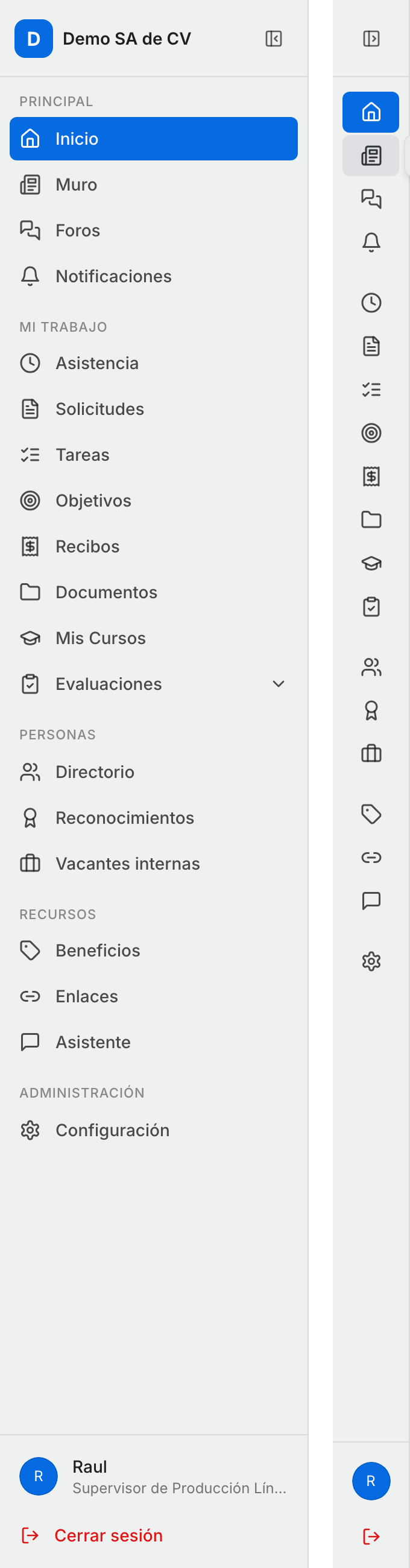 Barra lateral del portal en computadora: a la izquierda expandida con los cinco grupos del menú, a la derecha colapsada como tira de íconos con el globo de ayuda de un ícono visible