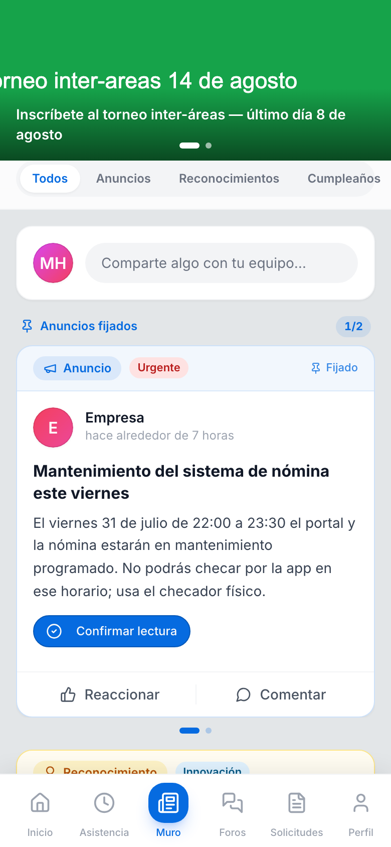 Barra inferior del portal en celular: los seis íconos Inicio, Asistencia, Muro, Foros, Solicitudes y Perfil, con el activo resaltado en azul