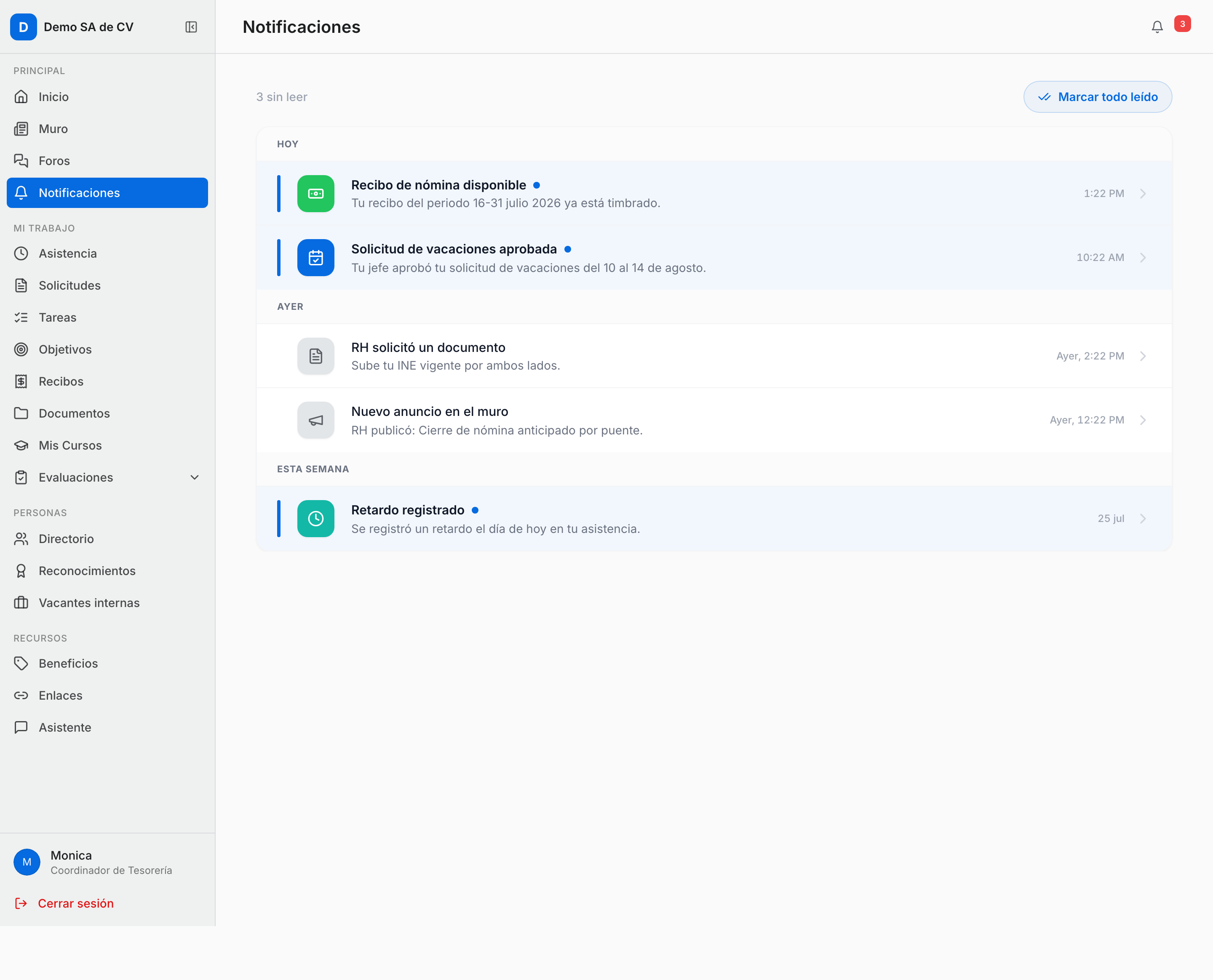Bandeja de Notificaciones del portal, agrupada por Hoy, Ayer y Esta semana, con notificaciones sin leer destacadas y el botón Marcar todo leído arriba