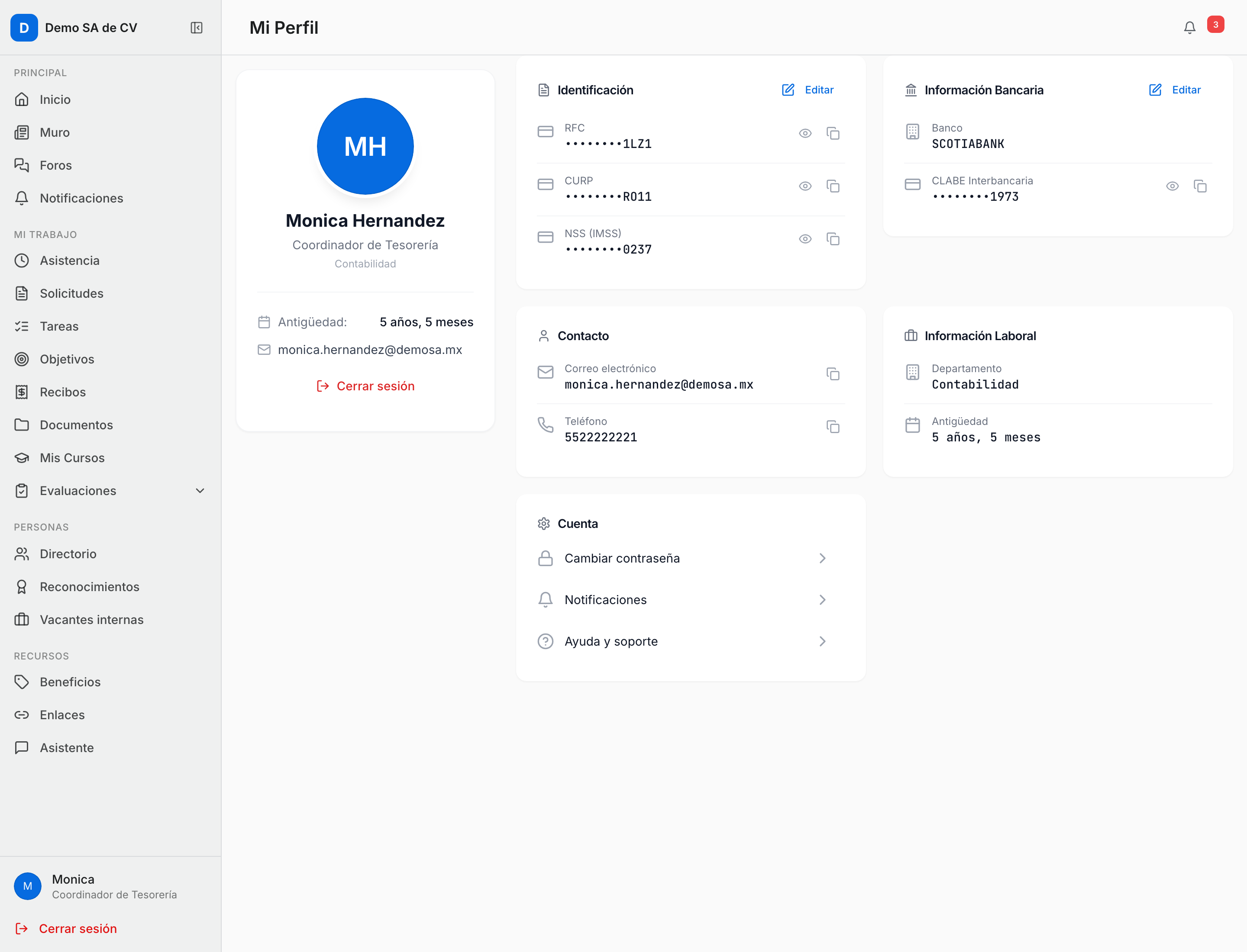 Pantalla Mi Perfil del portal: el encabezado con nombre, puesto y antigüedad, y las tarjetas Identificación, Información Bancaria, Contacto e Información Laboral
