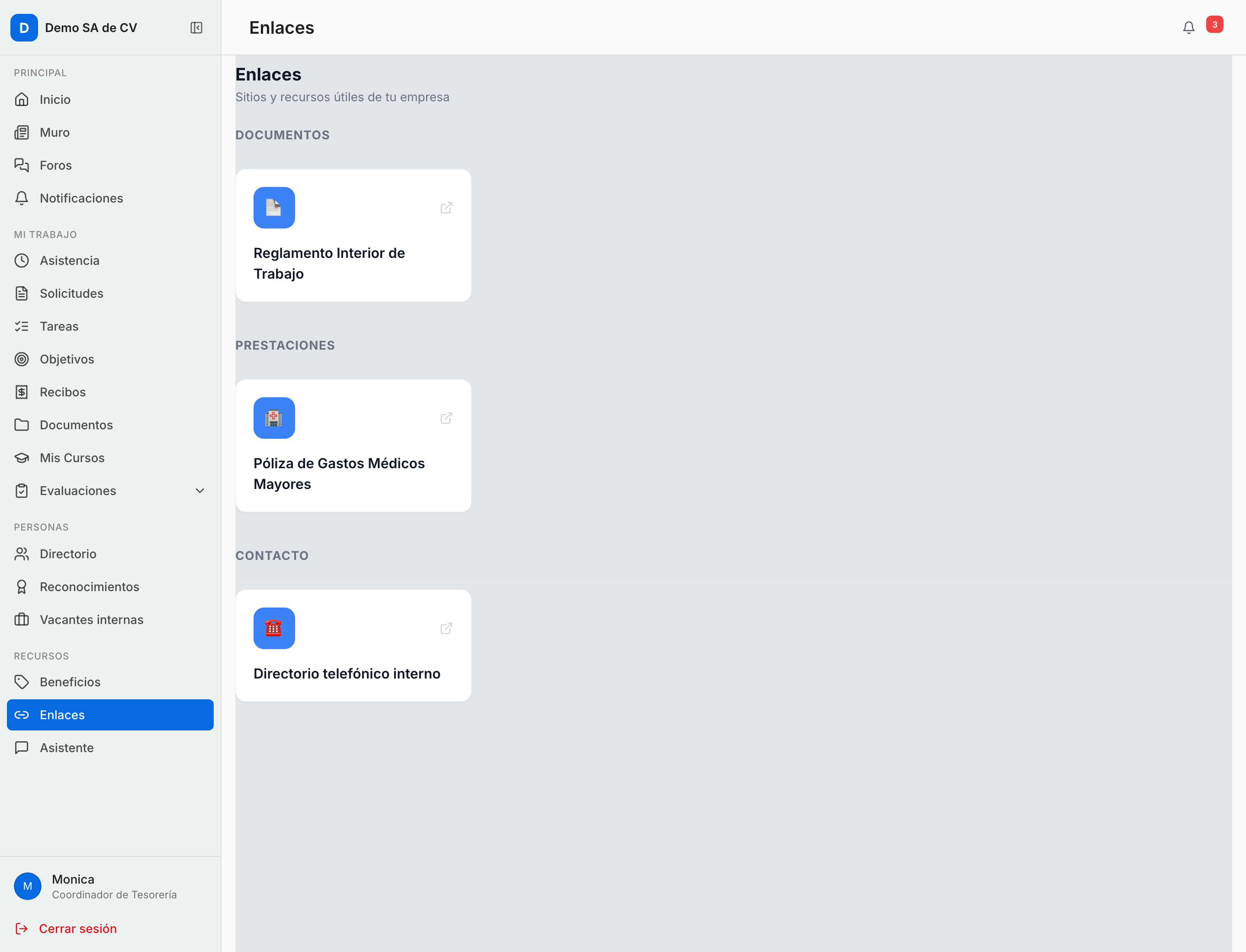 Sección Enlaces del portal: mosaicos agrupados por categoría, cada uno con su emoji o ícono y su nombre