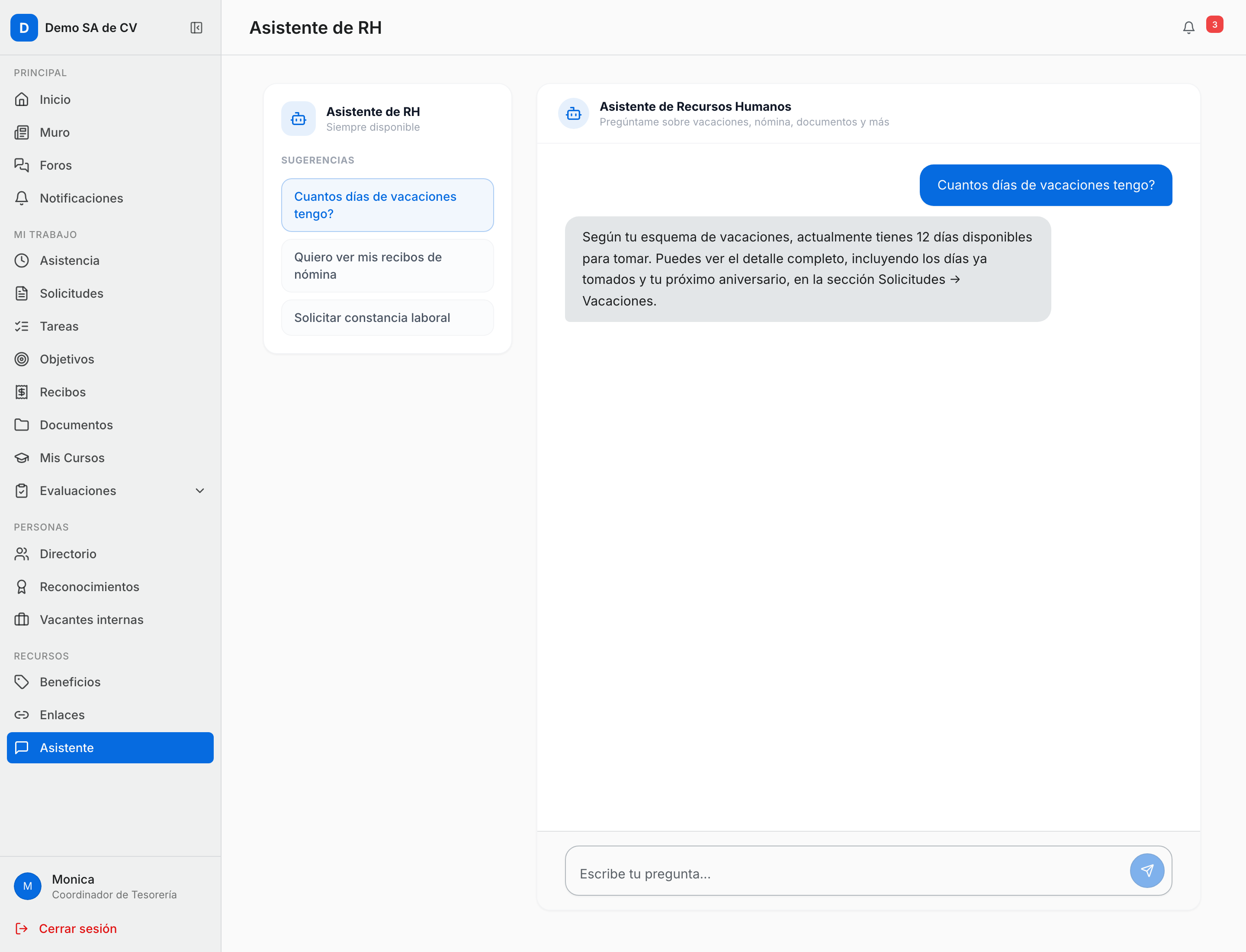 Conversación con el Asistente de Recursos Humanos en el portal: las tres sugerencias arriba y un intercambio de pregunta y respuesta