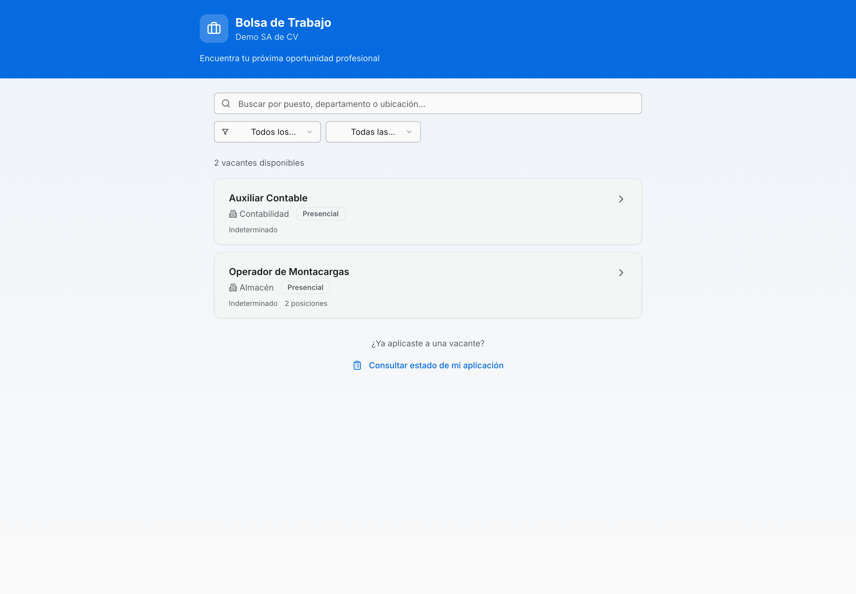Listado público de vacantes abiertas, tal como lo ve un candidato