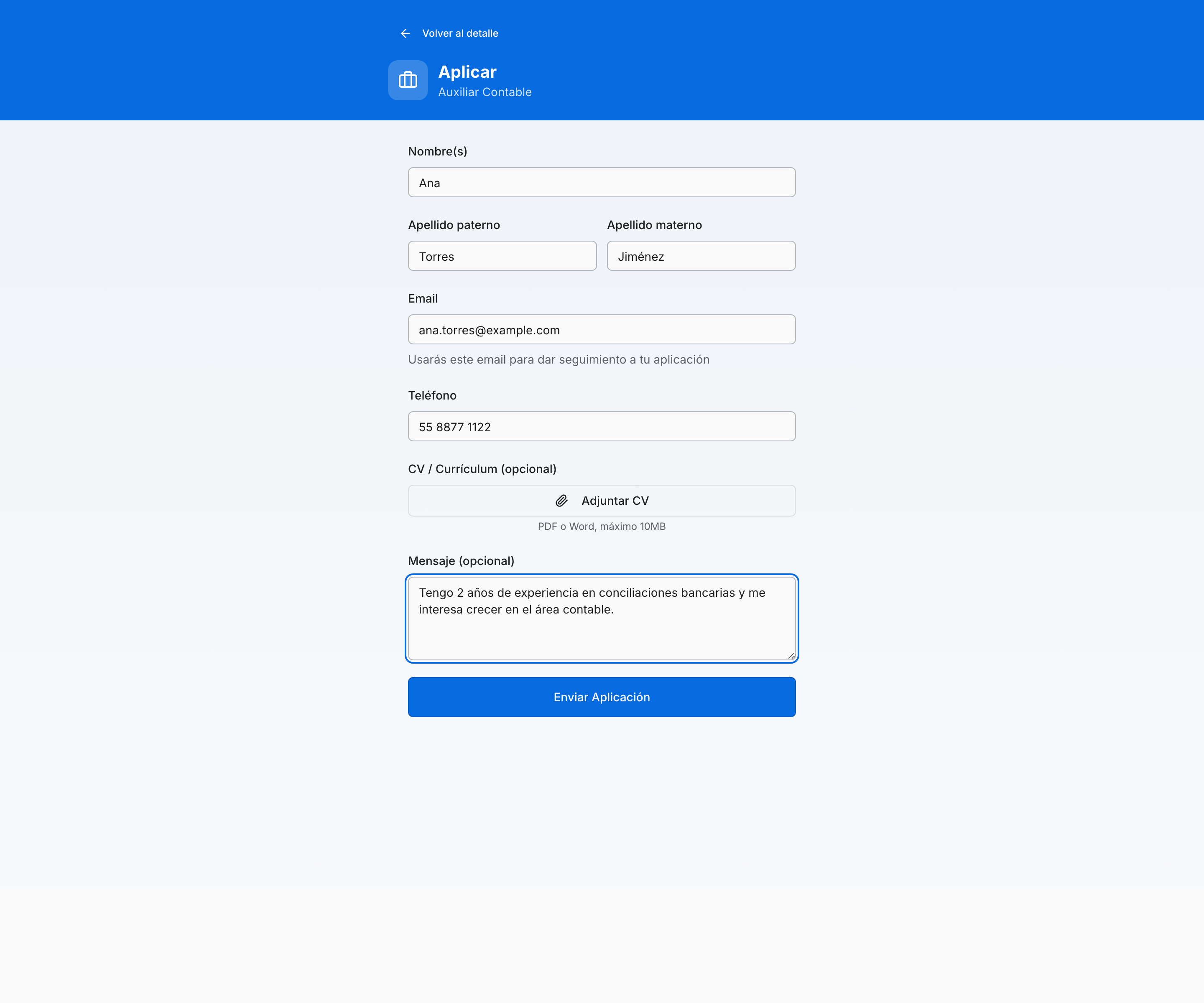 Formulario de aplicación con el CV adjunto
