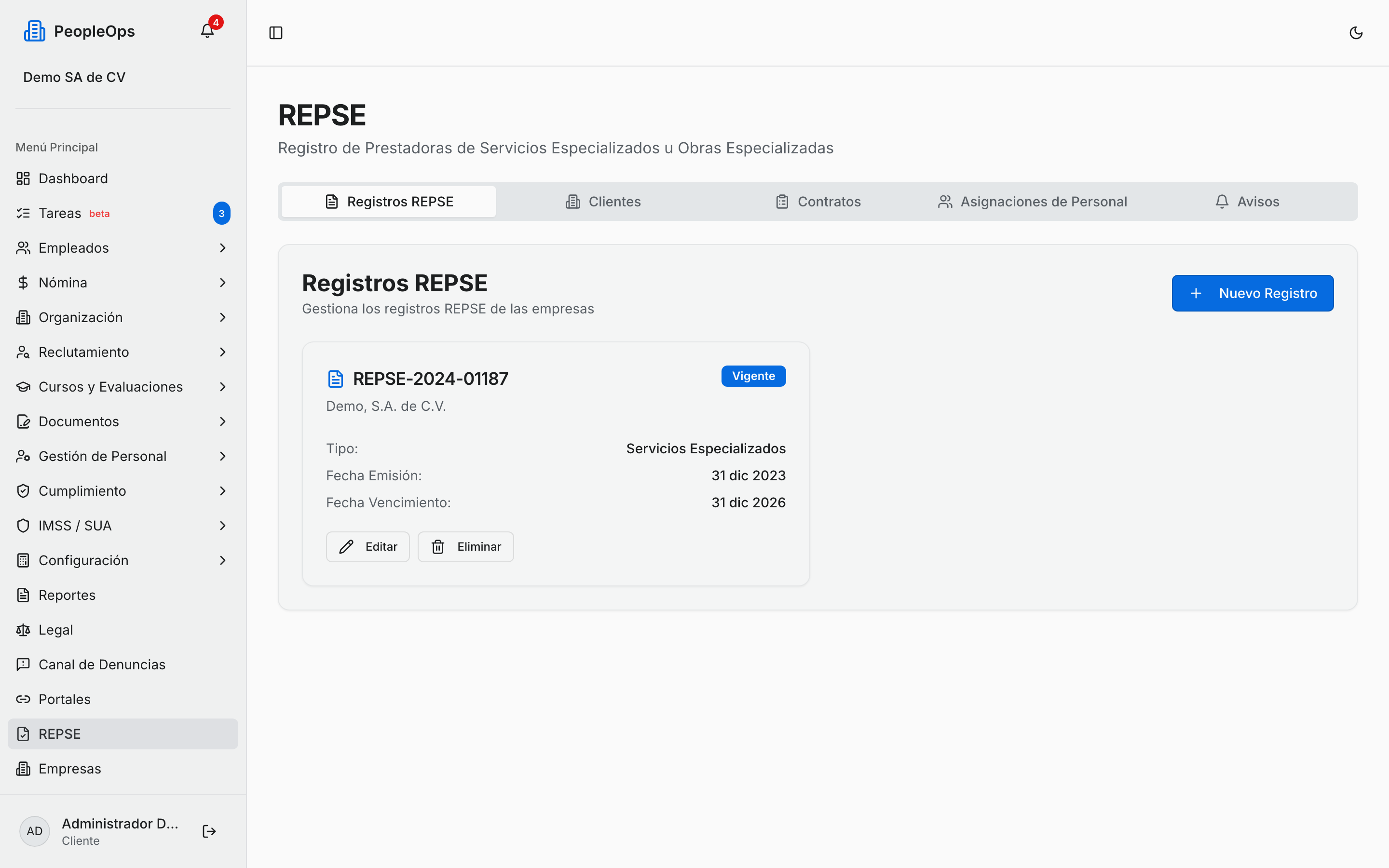 Constancia REPSE registrada, con su etiqueta de estatus y las dos fechas