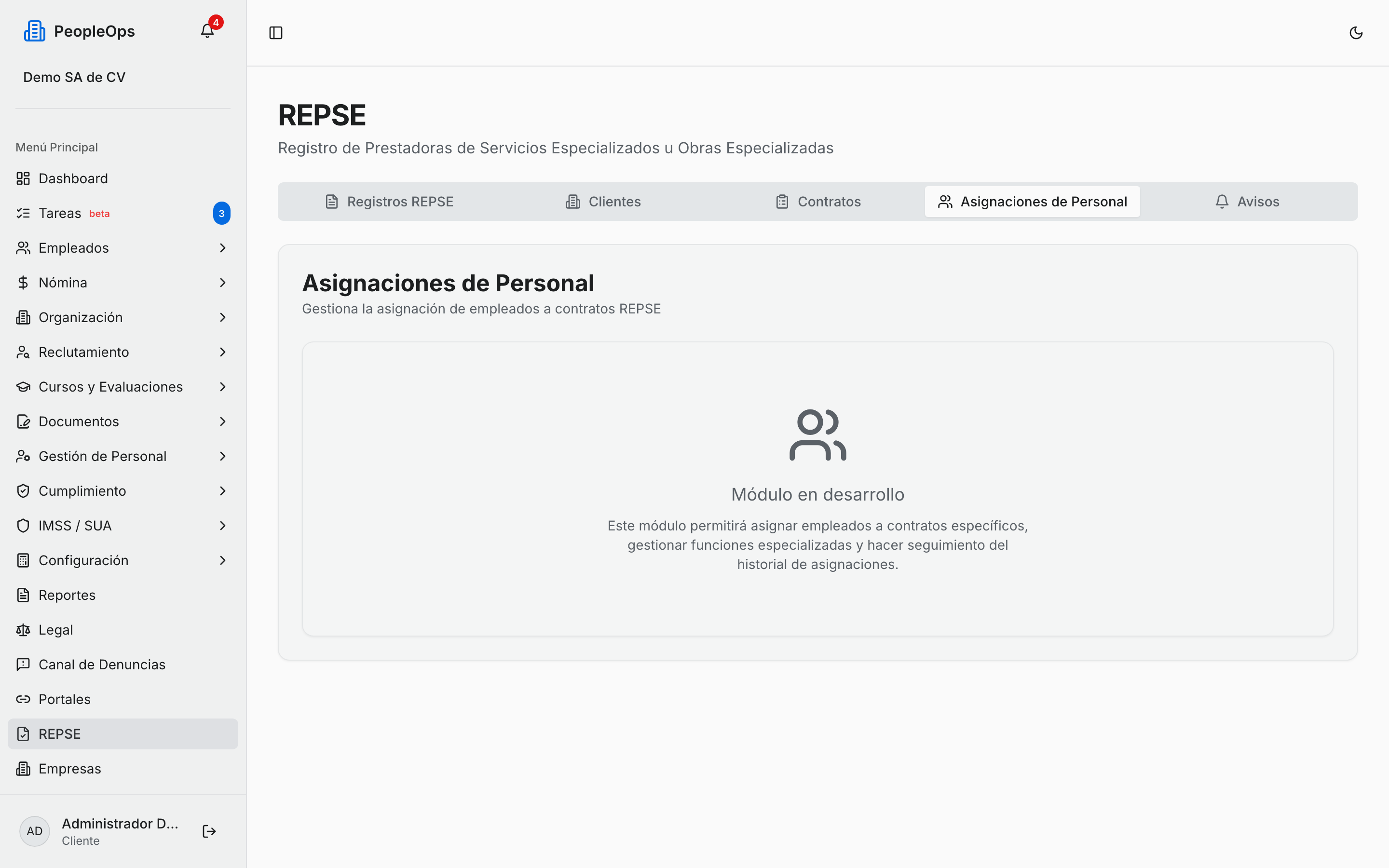 Pestaña de Asignaciones de Personal, todavía en construcción