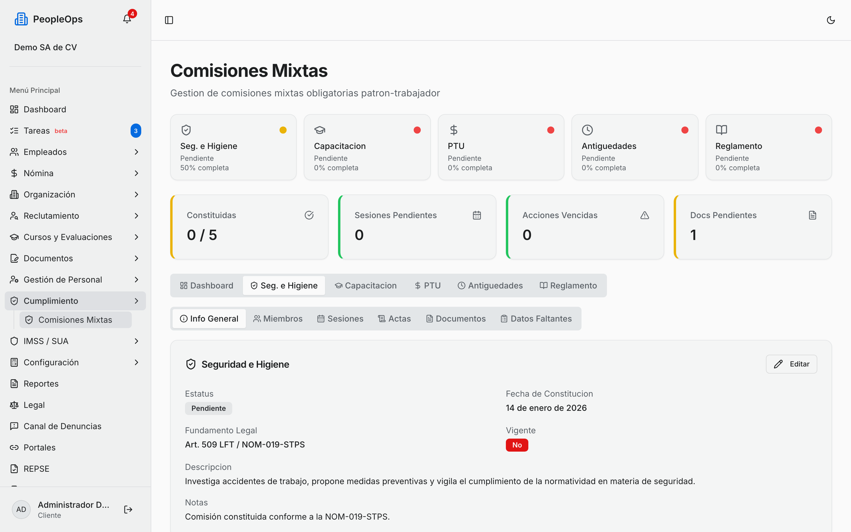 Panel de comisiones mixtas, con el detalle de Seguridad e Higiene abierto en Info General
