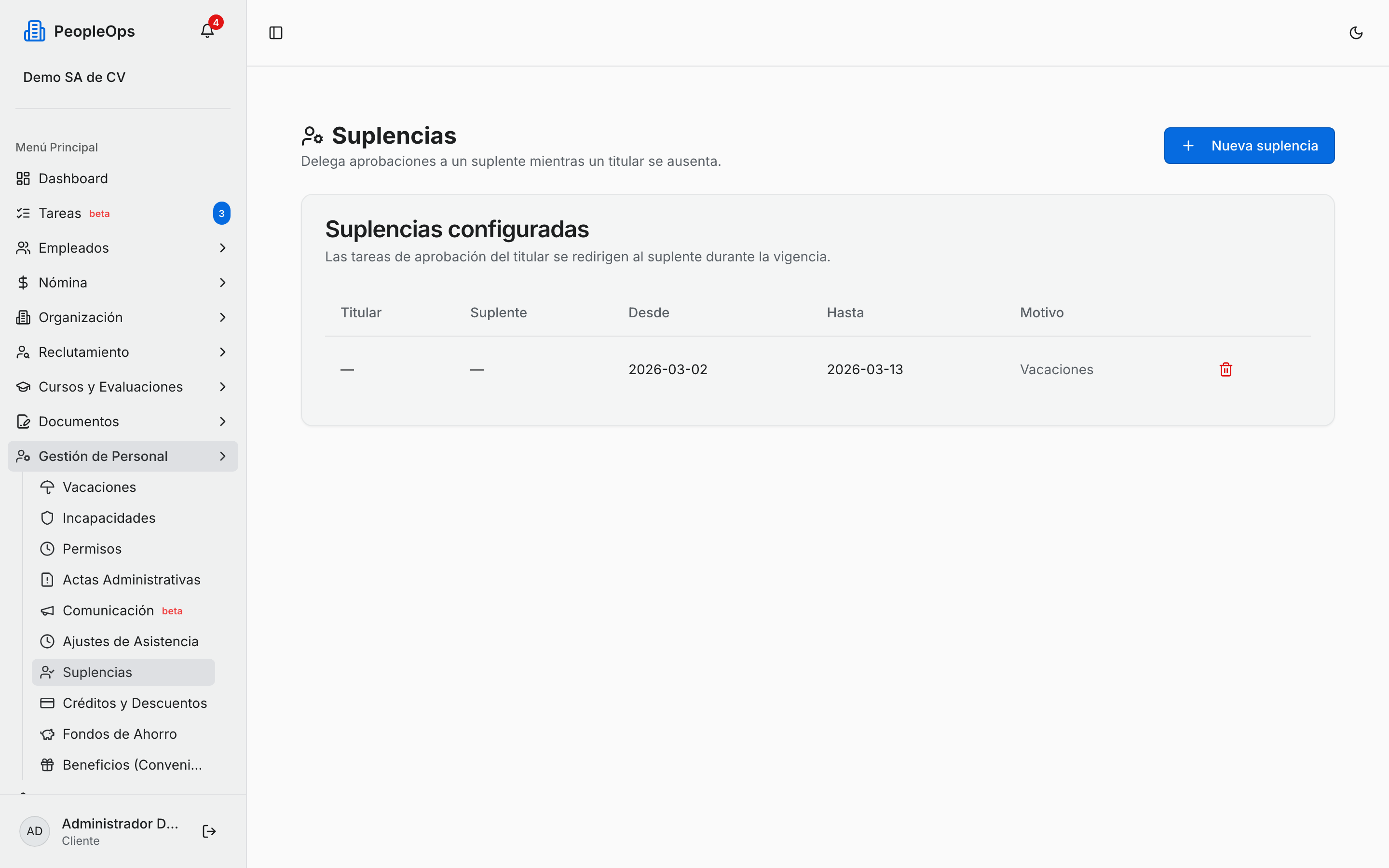 Suplencias configuradas