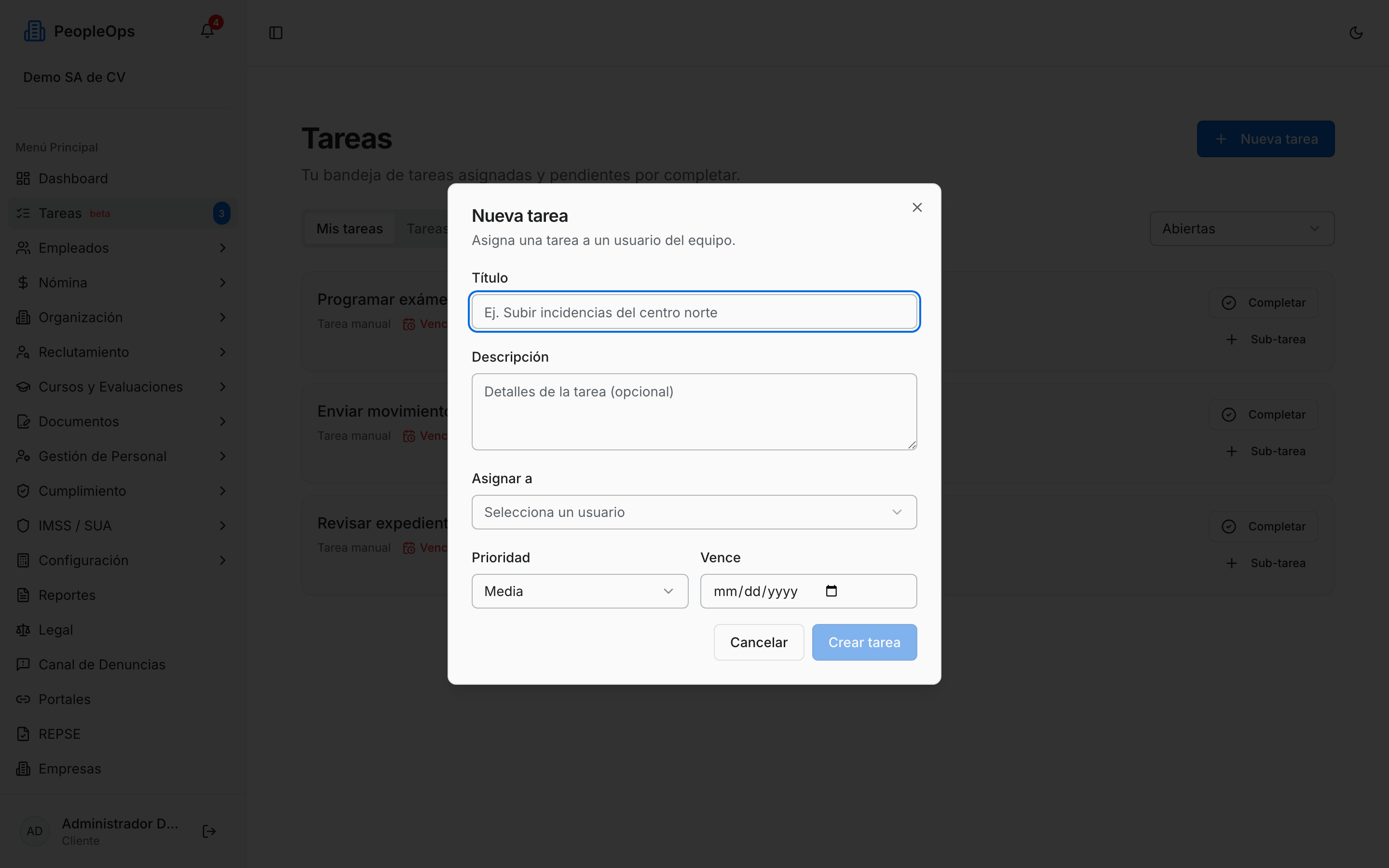 Formulario de una tarea nueva