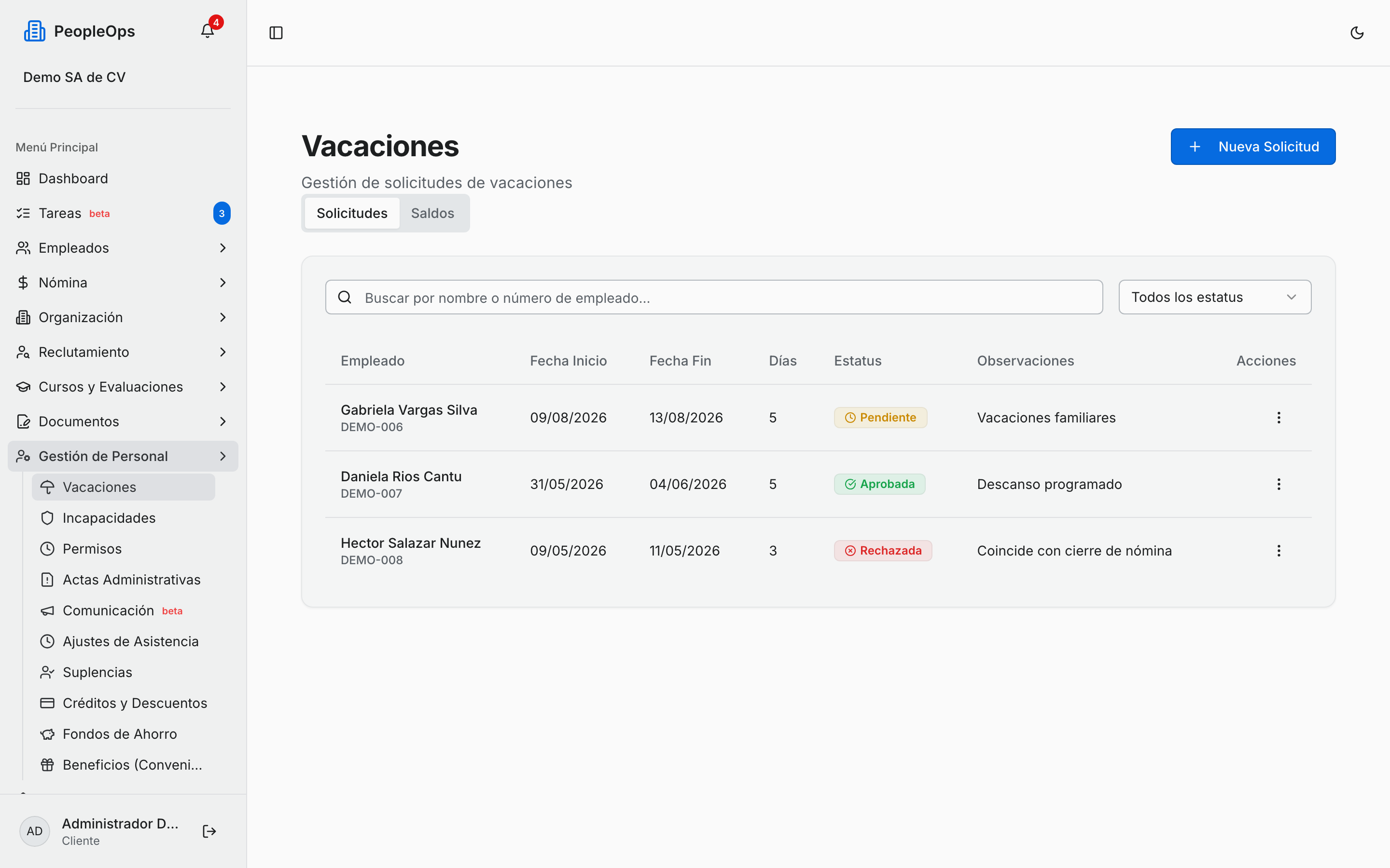 Listado de solicitudes de vacaciones