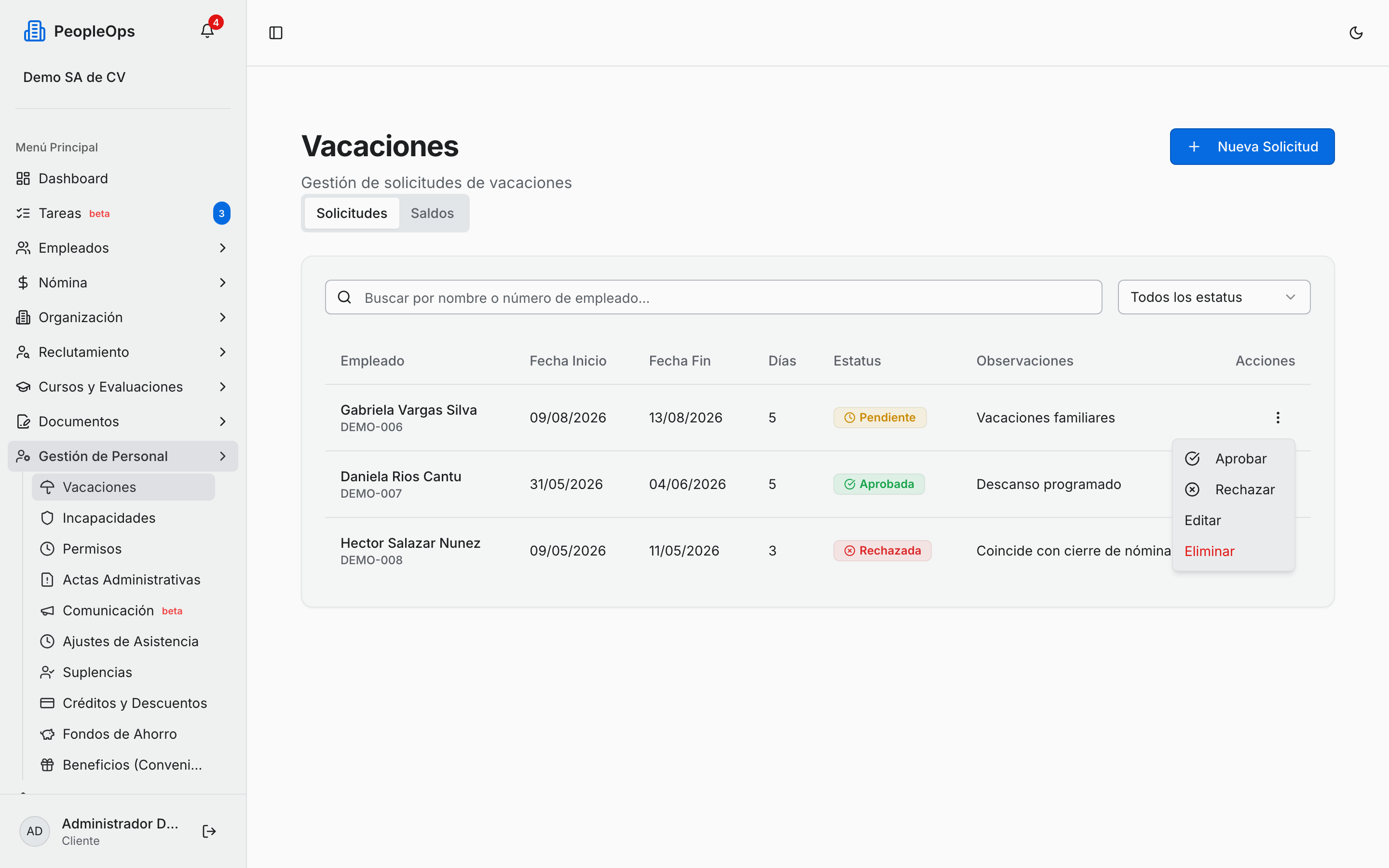 Opciones de aprobar y rechazar de una solicitud pendiente
