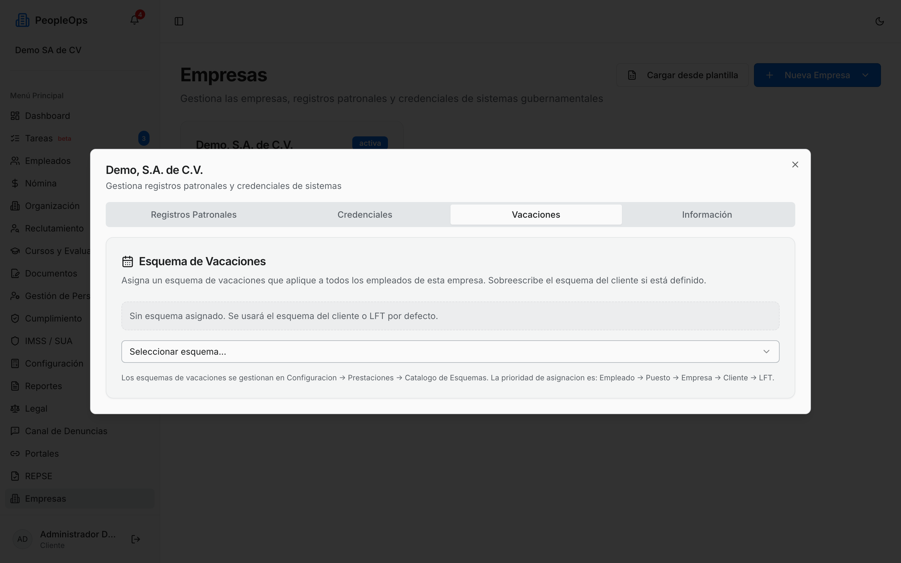 Tarjeta Esquema de Vacaciones de una empresa, todavía sin esquema asignado